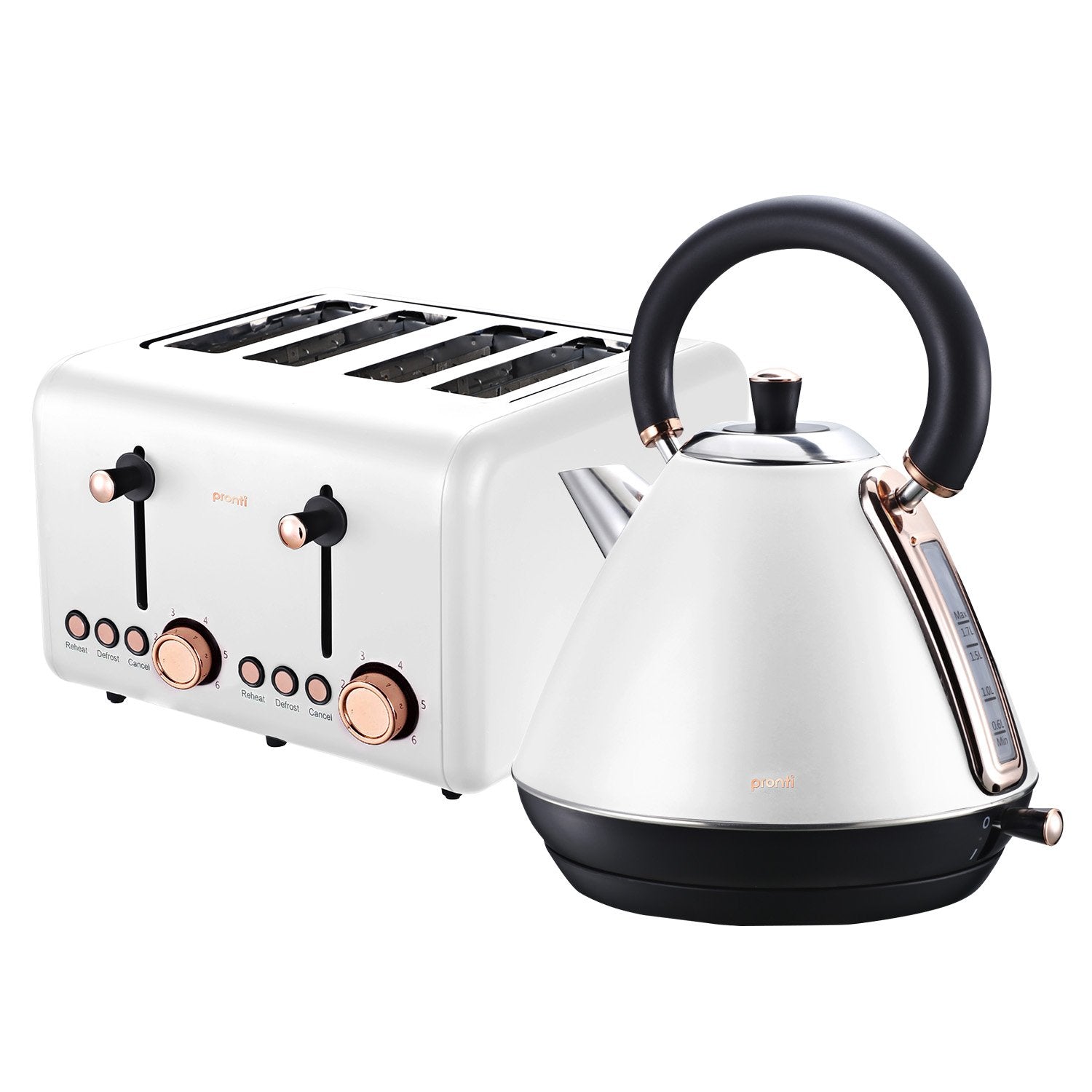 Pronti Rose Trim Collection Toaster and Kettle Bundle in White with rose gold accents, showcasing modern kitchen appliances.