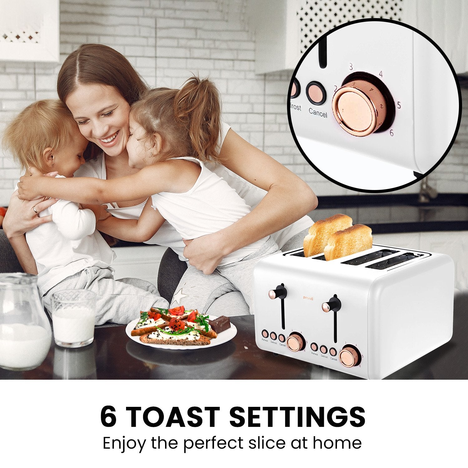 Pronti Rose Trim Collection Toaster and Kettle Bundle in White with rose gold accents, showcasing modern kitchen appliances.