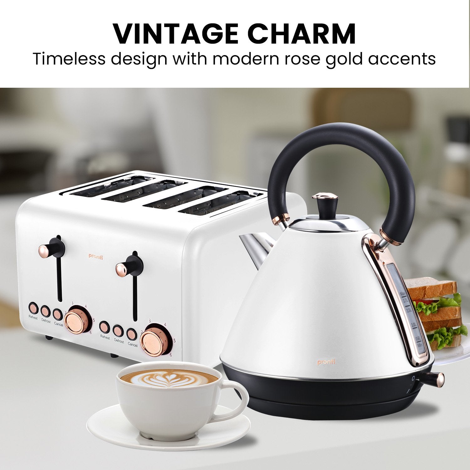 Pronti Rose Trim Collection Toaster and Kettle Bundle in White with rose gold accents, showcasing modern kitchen appliances.