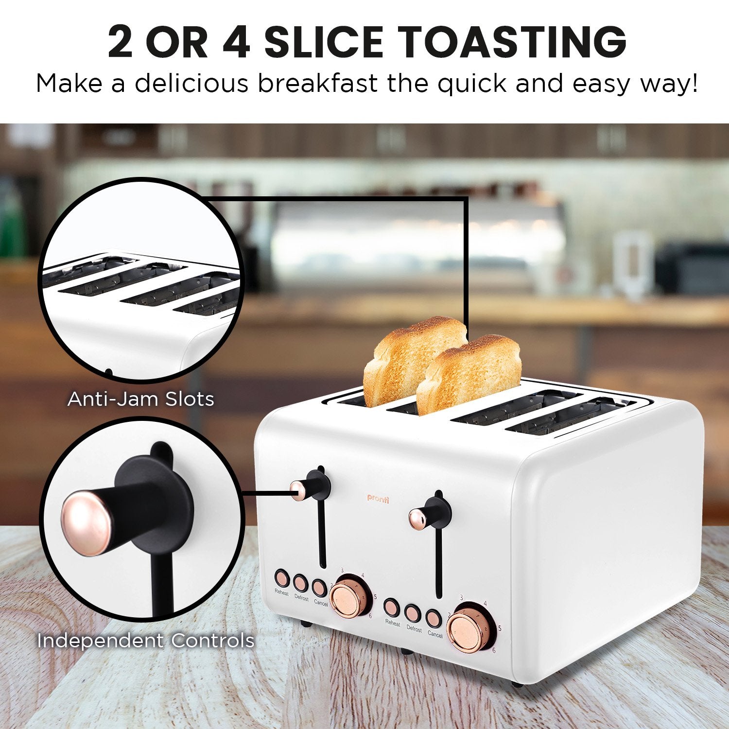 Pronti Rose Trim Collection Toaster and Kettle Bundle in White with rose gold accents, showcasing modern kitchen appliances.