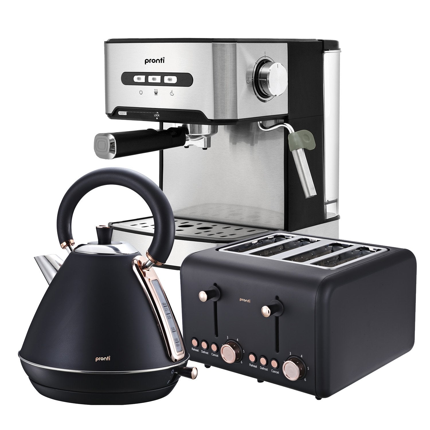 Pronti Toaster, Kettle & Coffee Machine Breakfast Set in black, showcasing stylish kitchen appliances for a perfect morning brew.