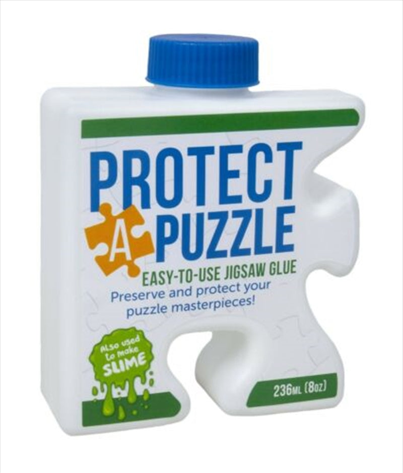 Bottle of Protect A Puzzle Jigsaw Glue with a brush applicator, designed for preserving jigsaw puzzles.