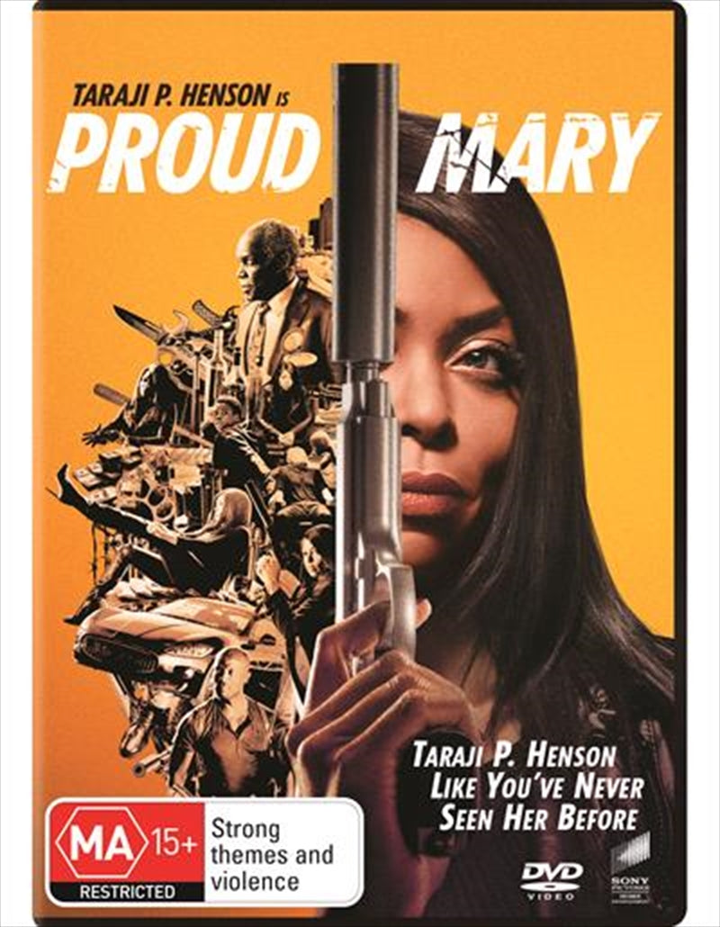 Proud Mary DVD cover featuring Taraji P. Henson as a hit woman in an action-packed scene.