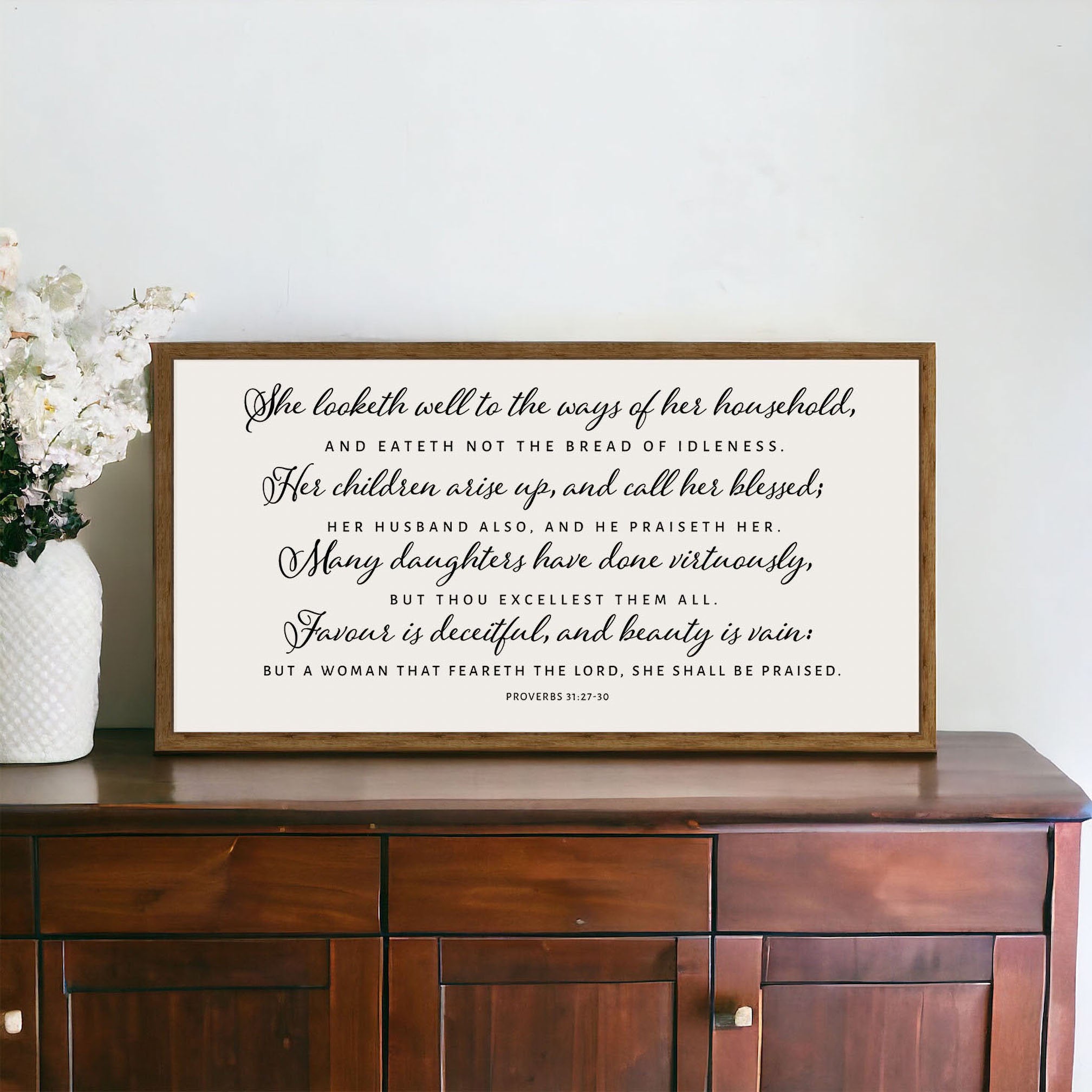 Handmade Proverbs 31 Christian wood sign featuring inspirational scripture, customizable frame, and natural wood grain.