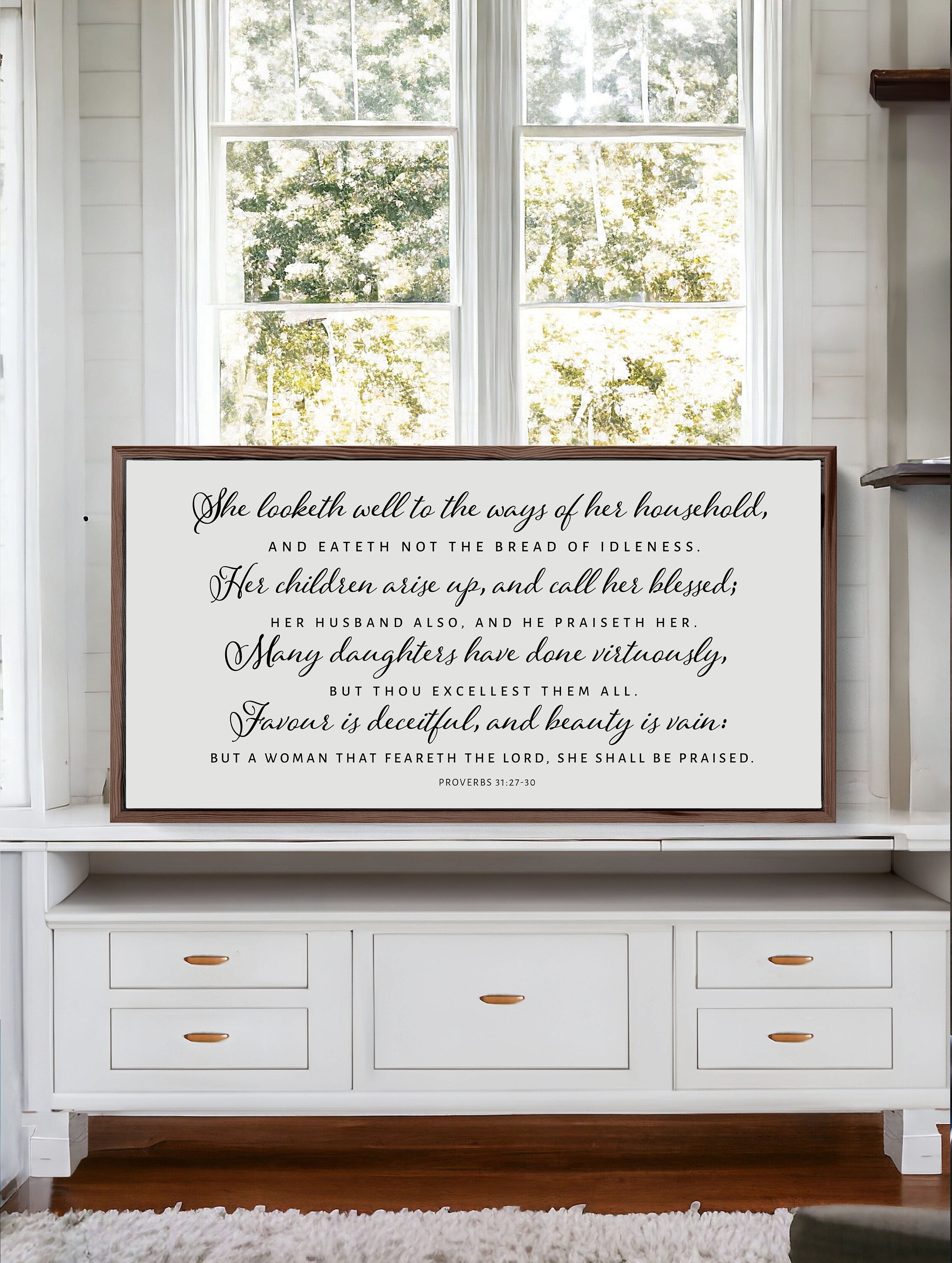 Handmade Proverbs 31 Christian wood sign featuring inspirational scripture, customizable frame, and natural wood grain.