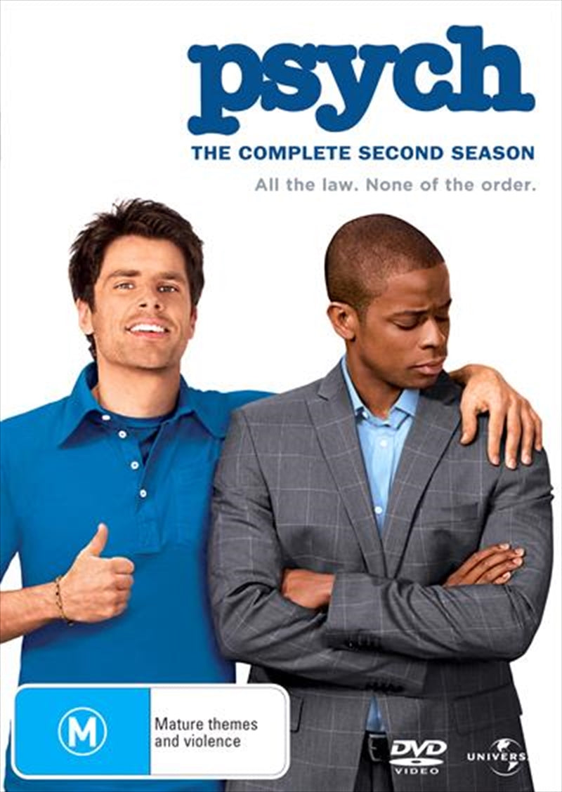 Psych Season 2 DVD cover featuring Shawn Spencer and Gus, showcasing vibrant colors and engaging design.