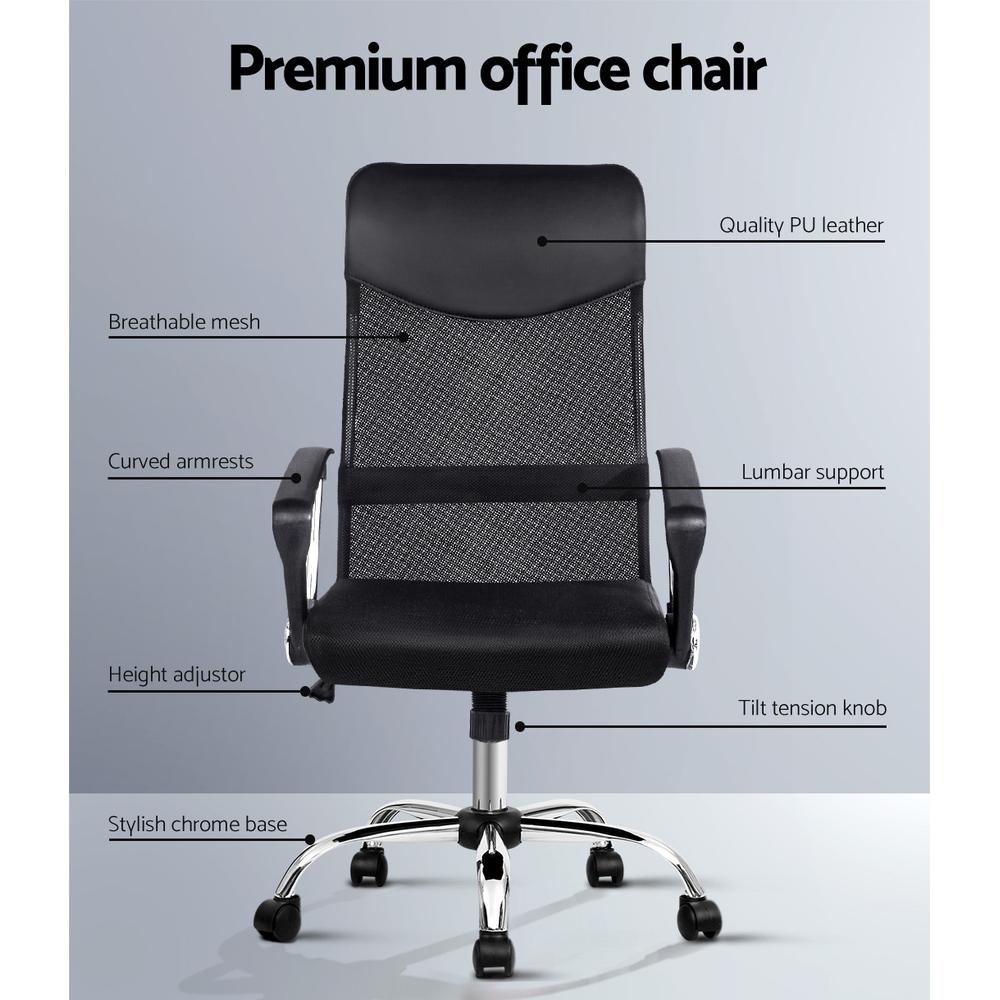 PU Leather Mesh High Back Office Chair in black with padded headrest and chrome base, designed for comfort and style.