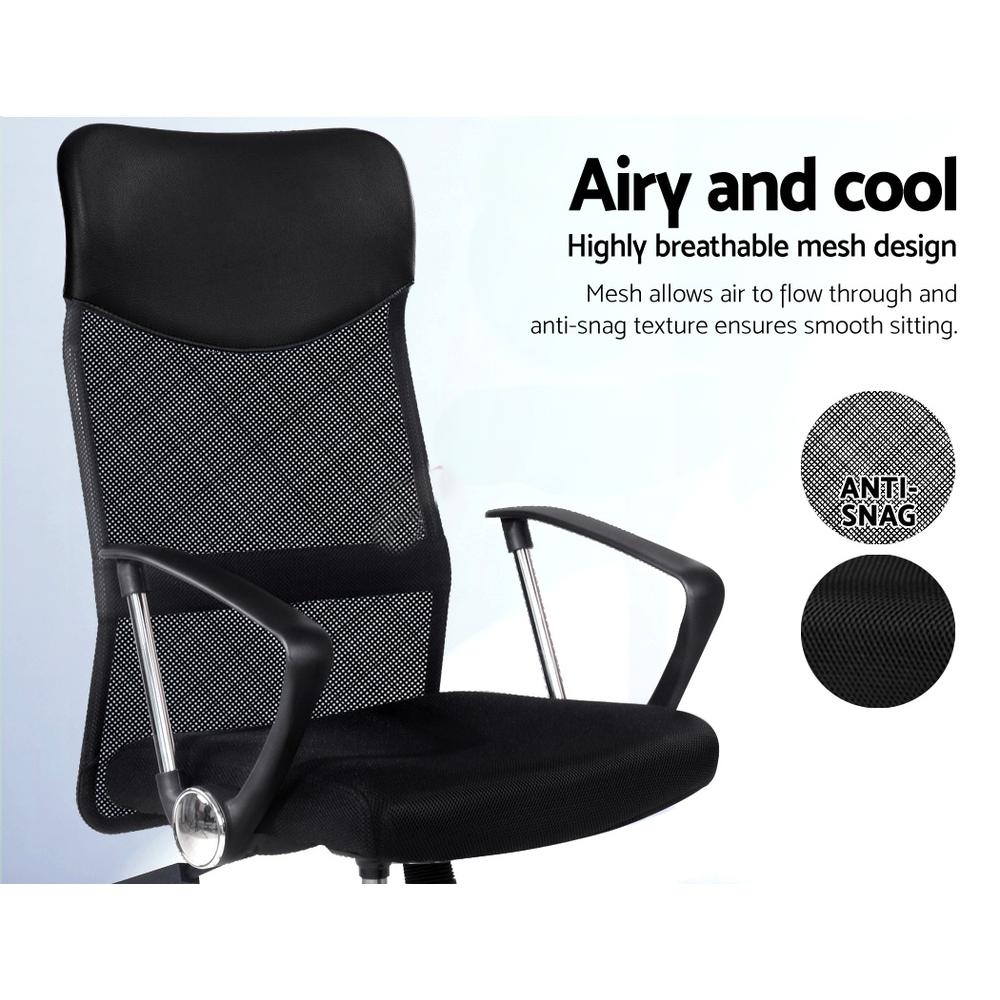 PU Leather Mesh High Back Office Chair in black with padded headrest and chrome base, designed for comfort and style.