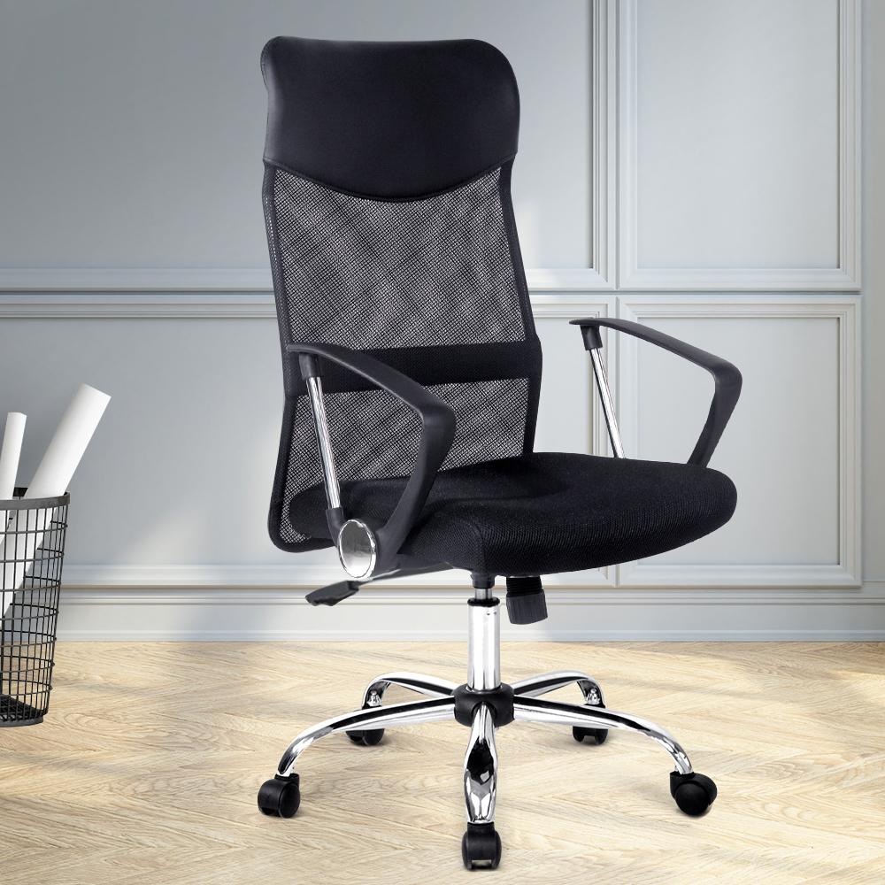 PU Leather Mesh High Back Office Chair in black with padded headrest and chrome base, designed for comfort and style.