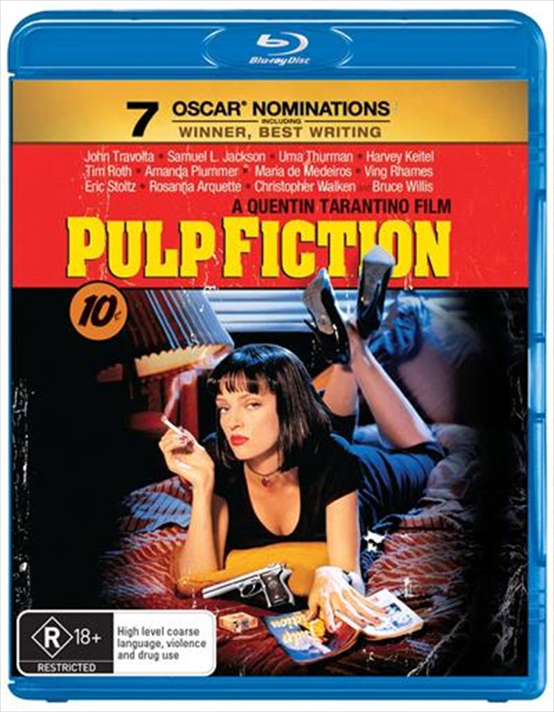 Pulp Fiction Blu-ray cover featuring iconic characters Vincent Vega and Jules Winnfield in a stylish design.