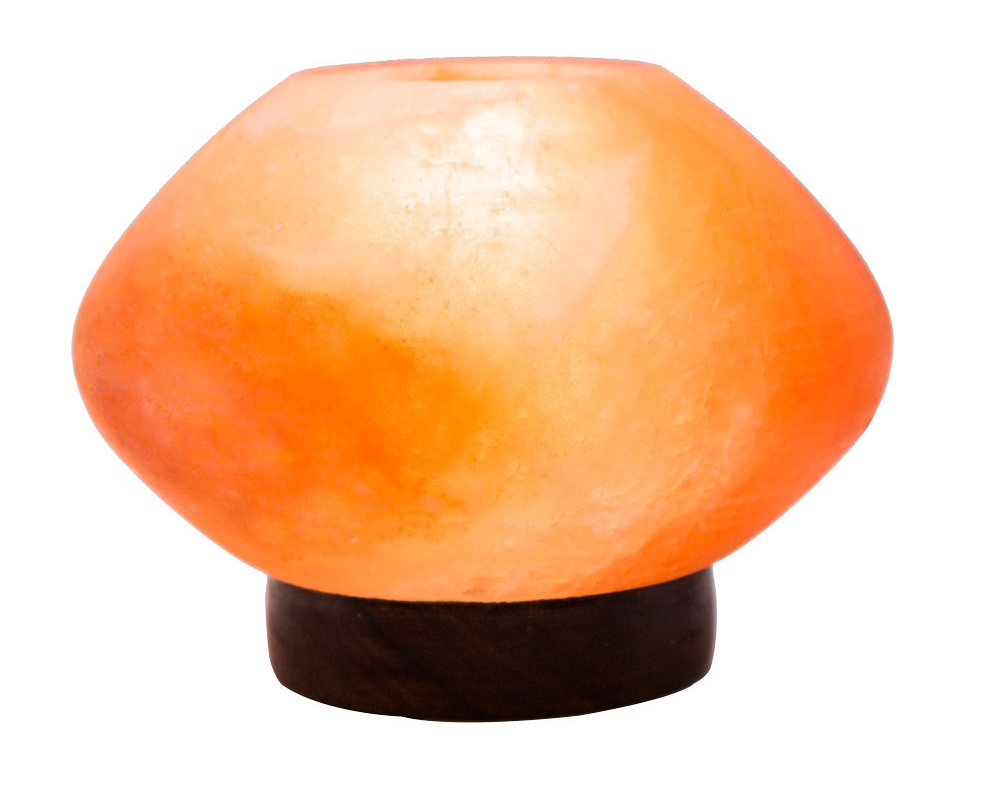 Pumpkin-shaped Himalayan rock salt lamp with essential oil plate, glowing amber light, and wooden base, perfect for aromatherapy and air purification.