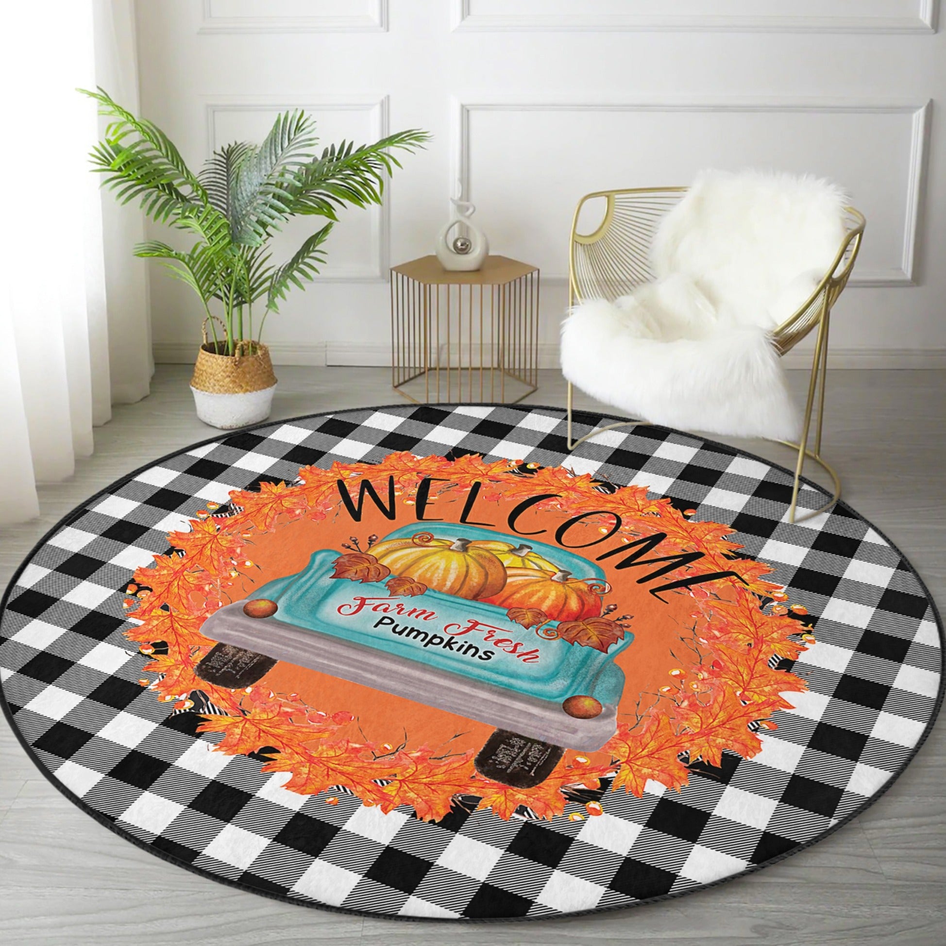 A vibrant round rug featuring a pumpkin farm truck design, showcasing bright colors and intricate details, perfect for fall decor.