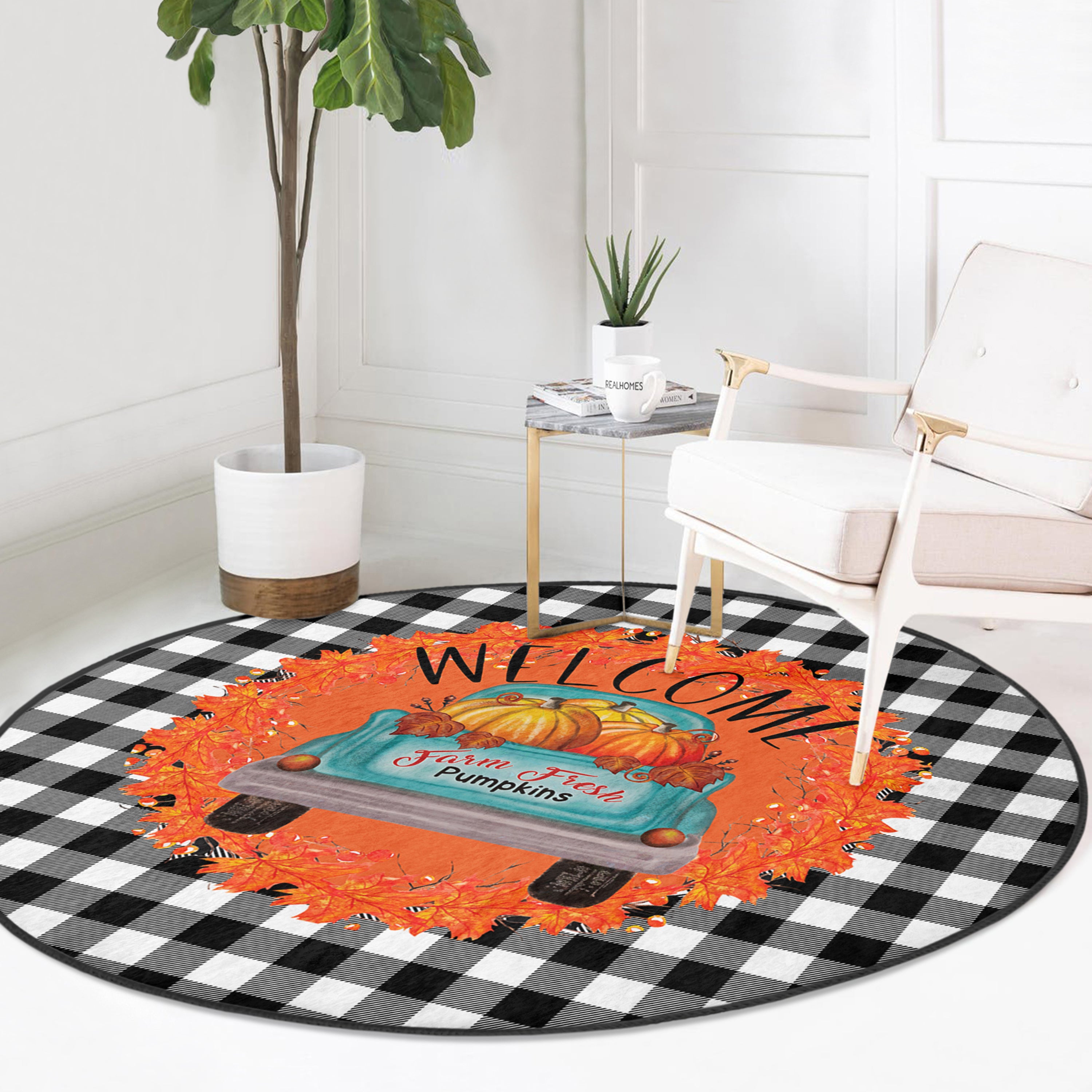 A vibrant round rug featuring a pumpkin farm truck design, showcasing bright colors and intricate details, perfect for fall decor.