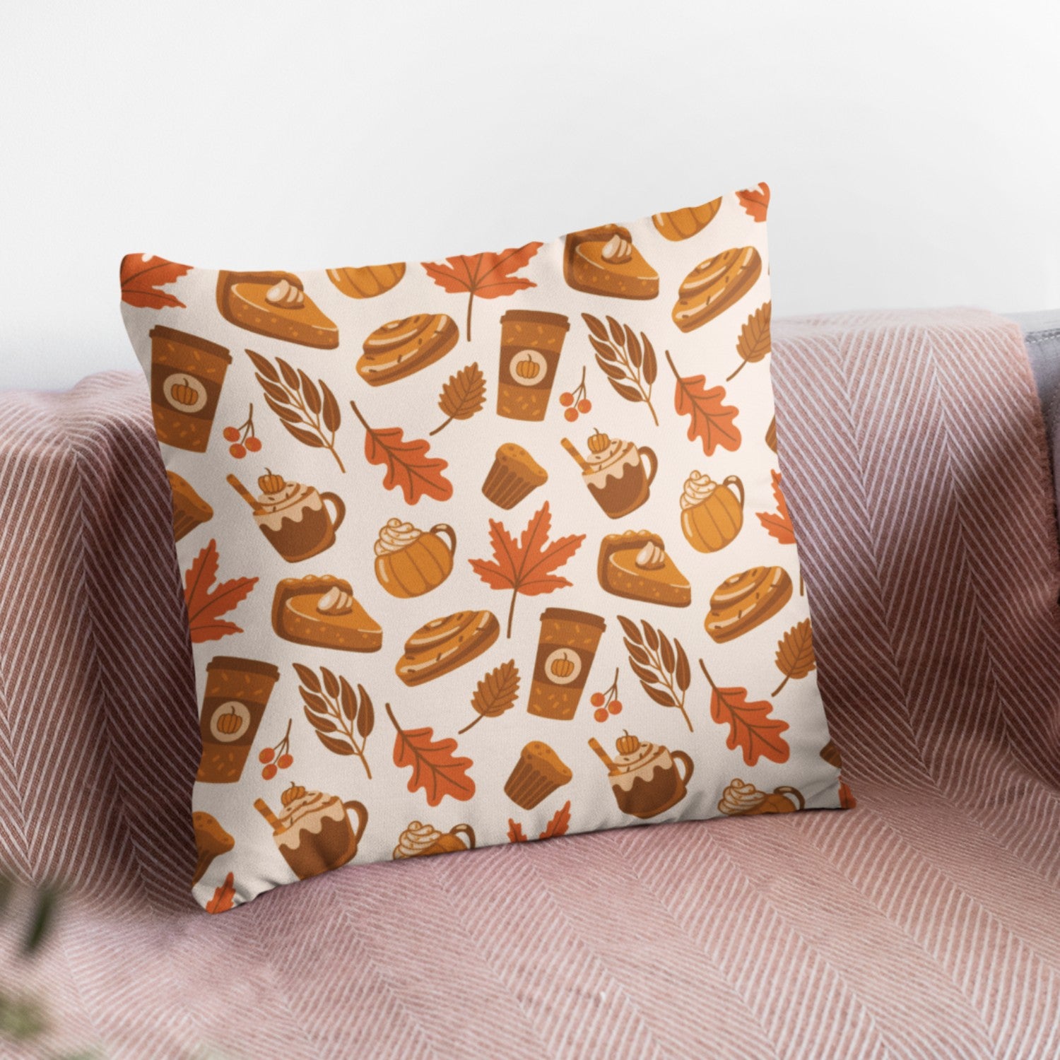 Pumpkin Latte Pattern Throw Pillow featuring a cozy autumn design with vibrant colors, perfect for home decor.