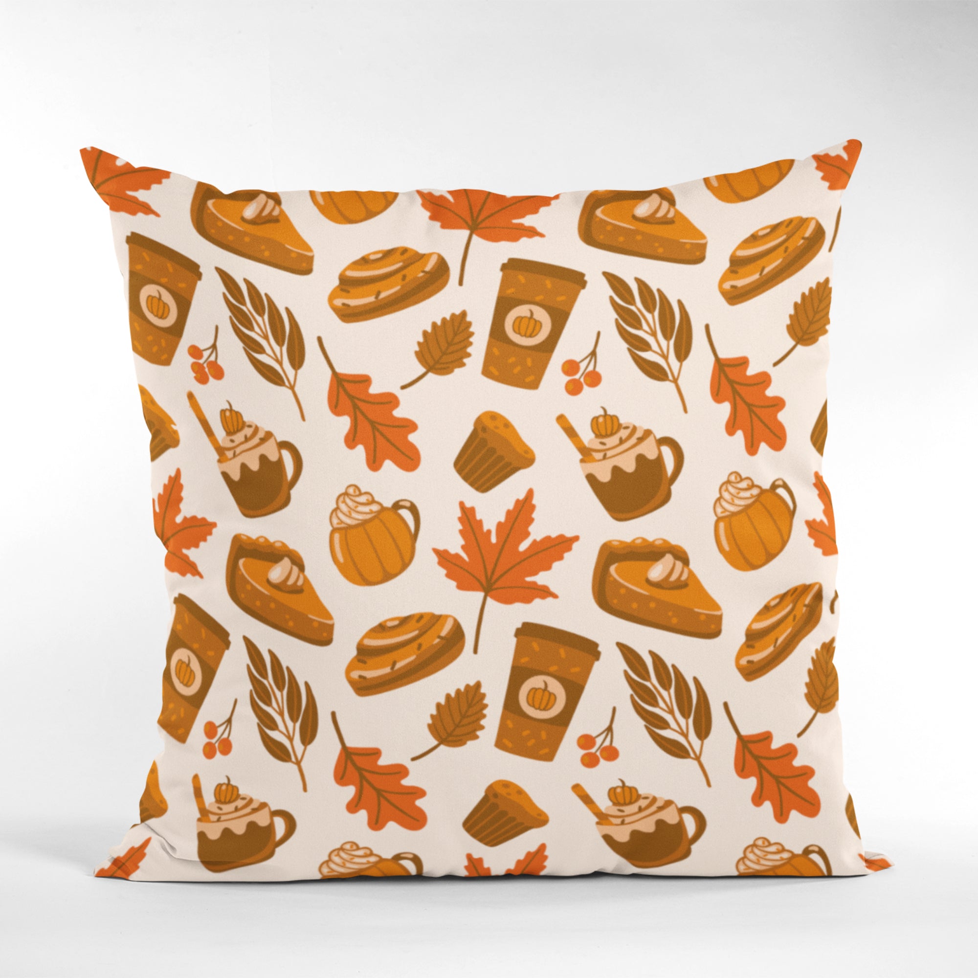 Pumpkin Latte Pattern Throw Pillow featuring a cozy autumn design with vibrant colors, perfect for home decor.