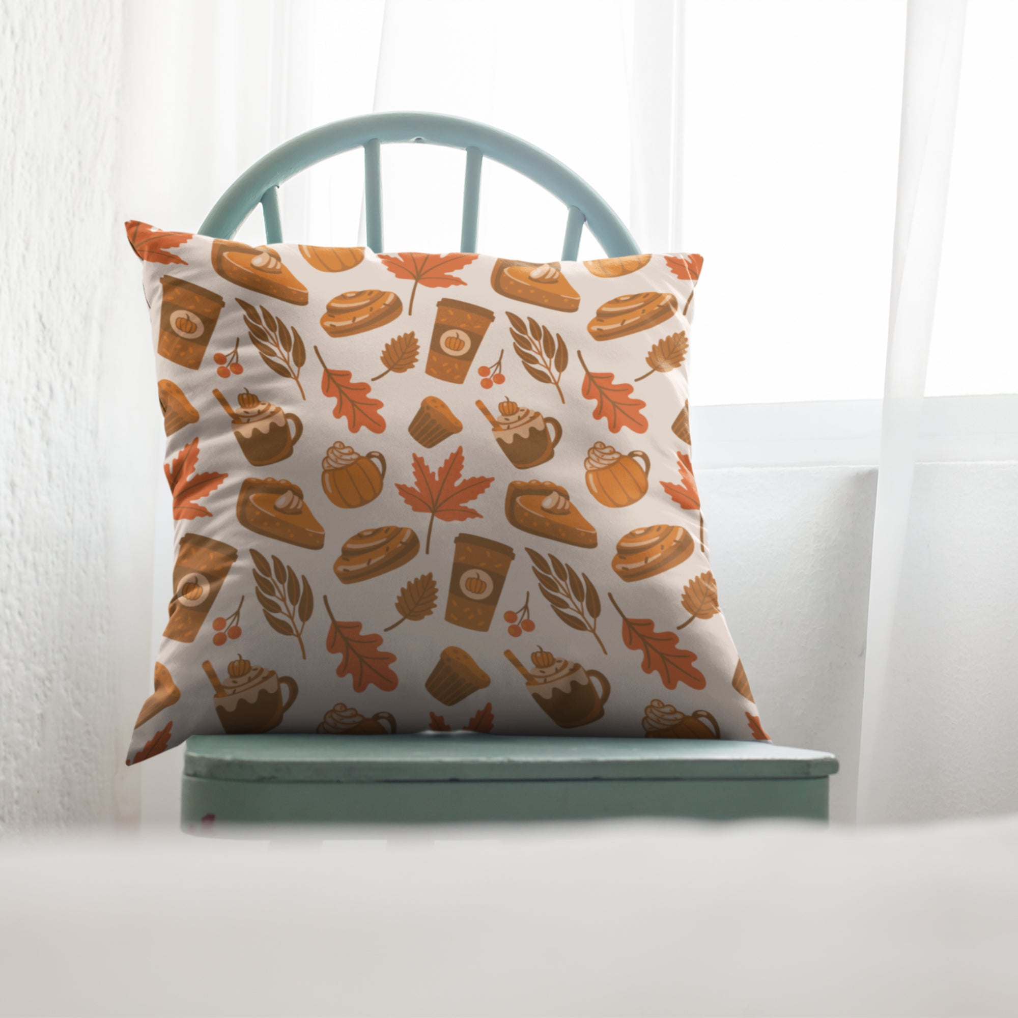 Pumpkin Latte Pattern Throw Pillow featuring a cozy autumn design with vibrant colors, perfect for home decor.