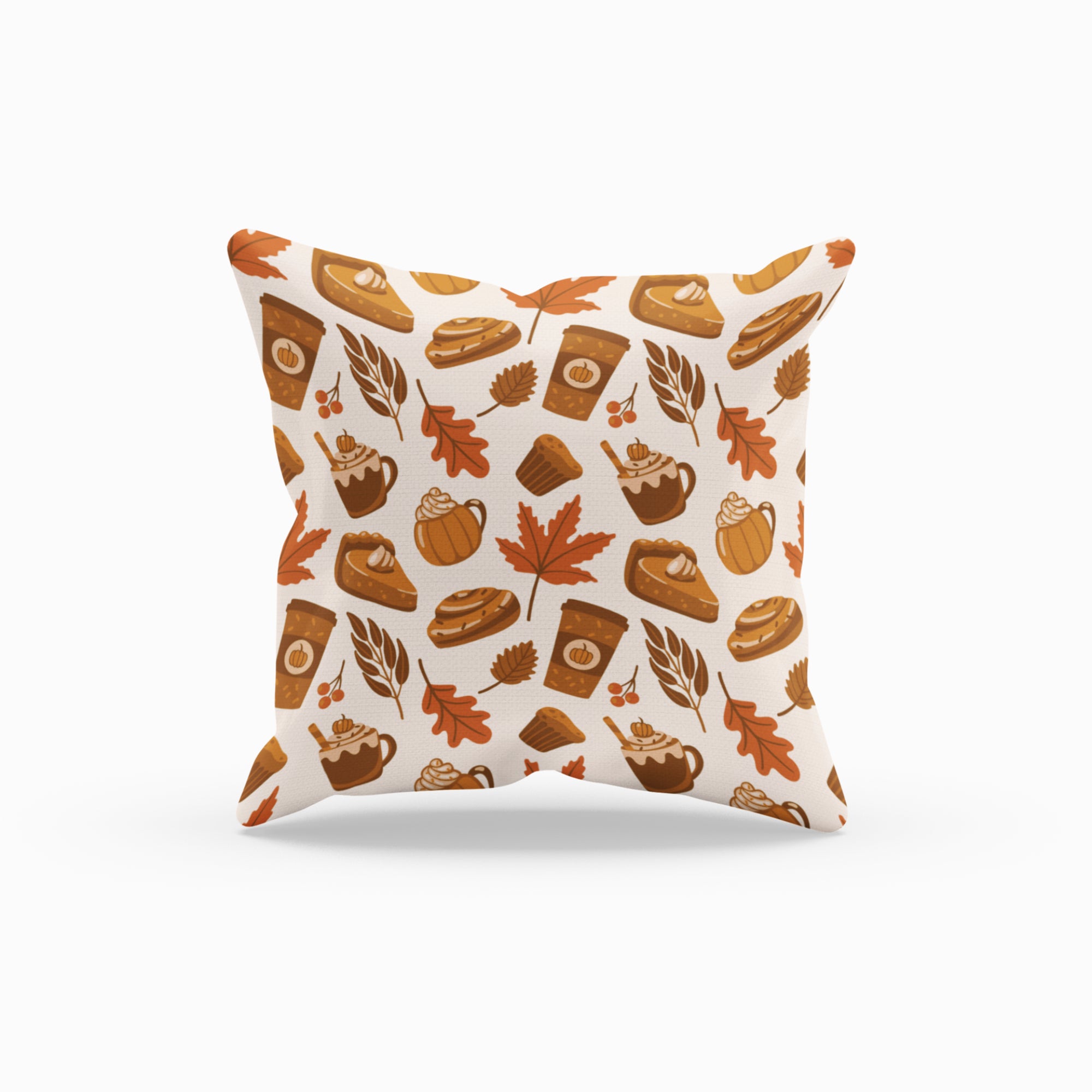 Pumpkin Latte Pattern Throw Pillow featuring a cozy autumn design with vibrant colors, perfect for home decor.