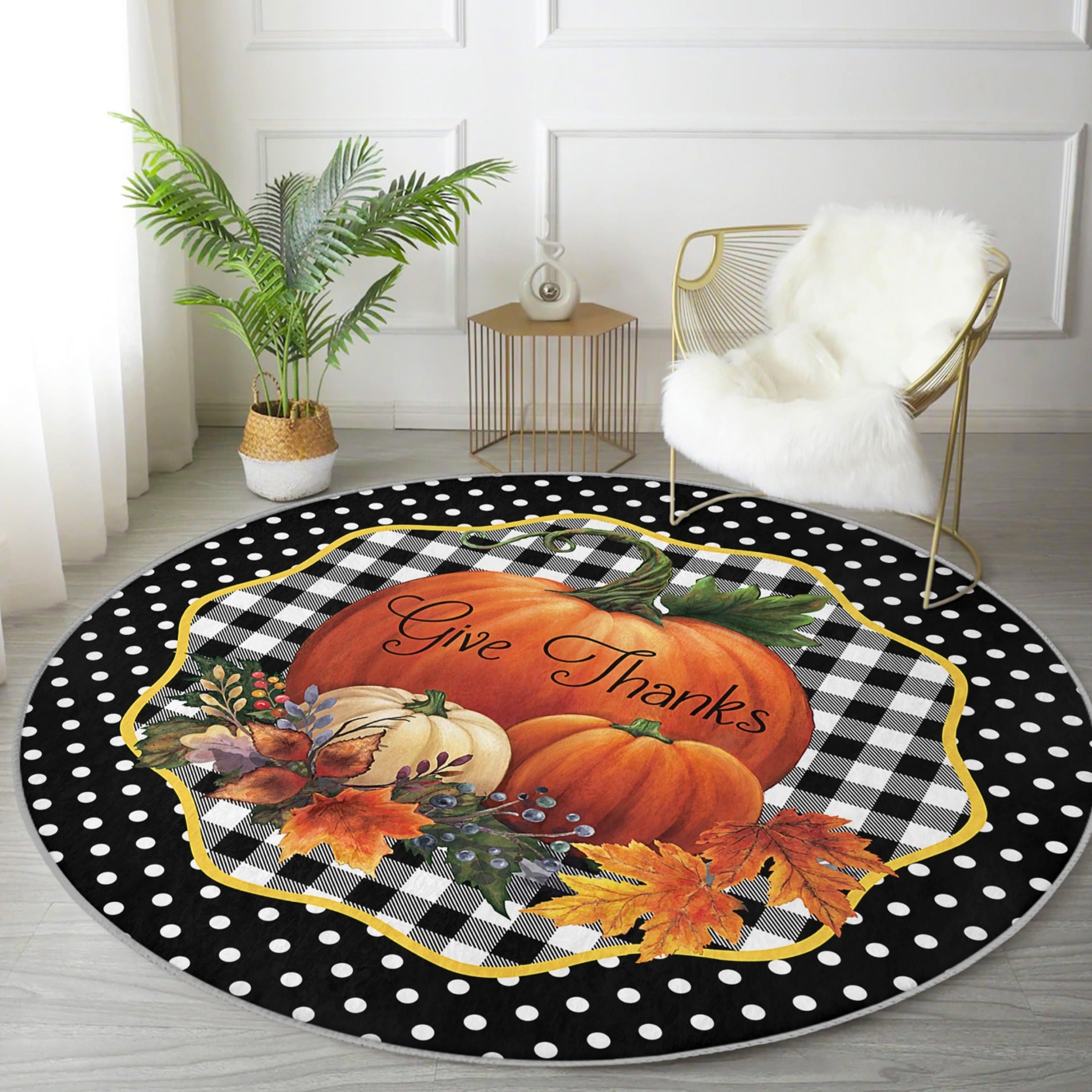 A round rug featuring a vibrant pumpkin pattern, made of soft velvet fabric, perfect for living room decor.