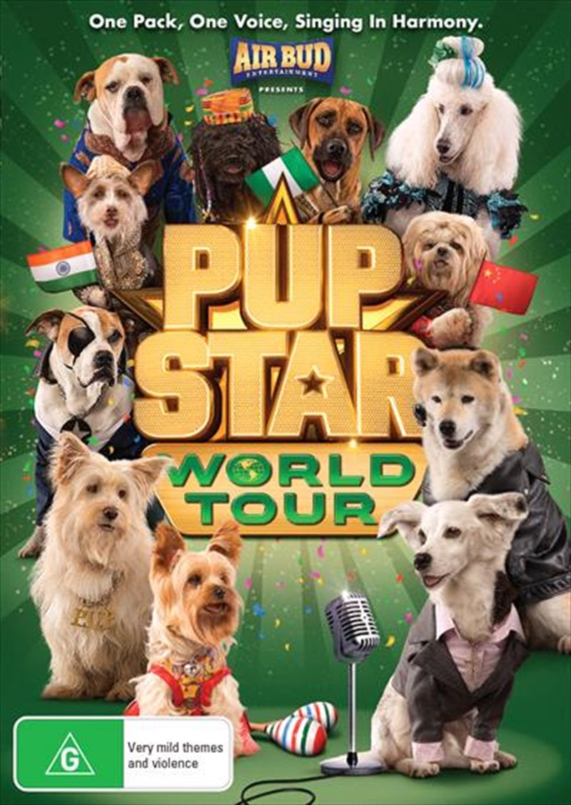 Pup Star - World Tour DVD cover featuring singing dogs on a colorful adventure.