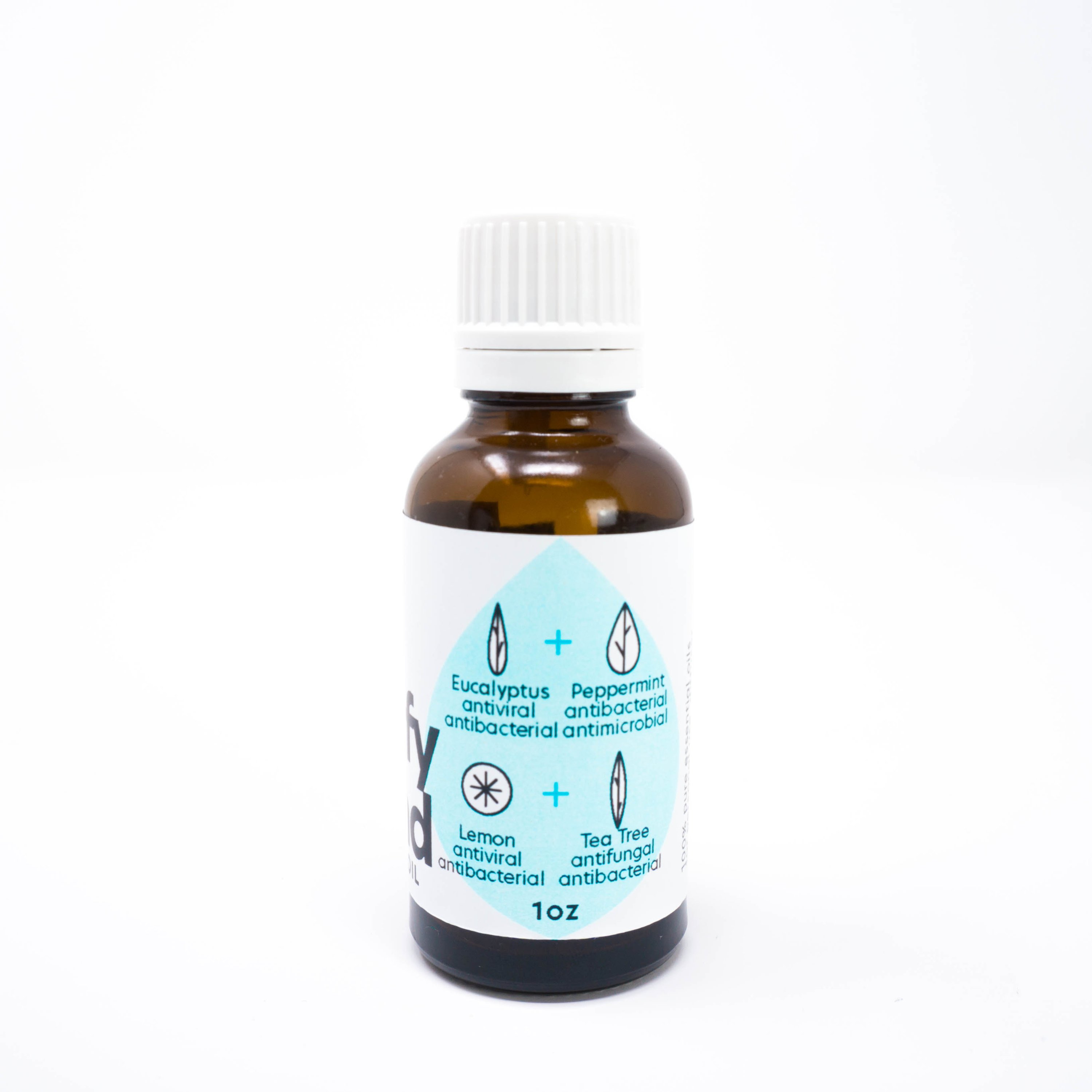 Purify Essential Oil blend in a 1oz bottle featuring eucalyptus, lemon, peppermint, and tea tree oils for cleaning and refreshing.