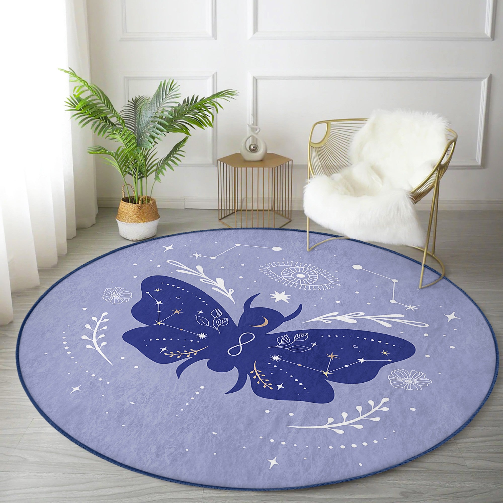 A round rug featuring a vibrant purple butterfly pattern, made of soft velvet fabric, perfect for boho home decor.