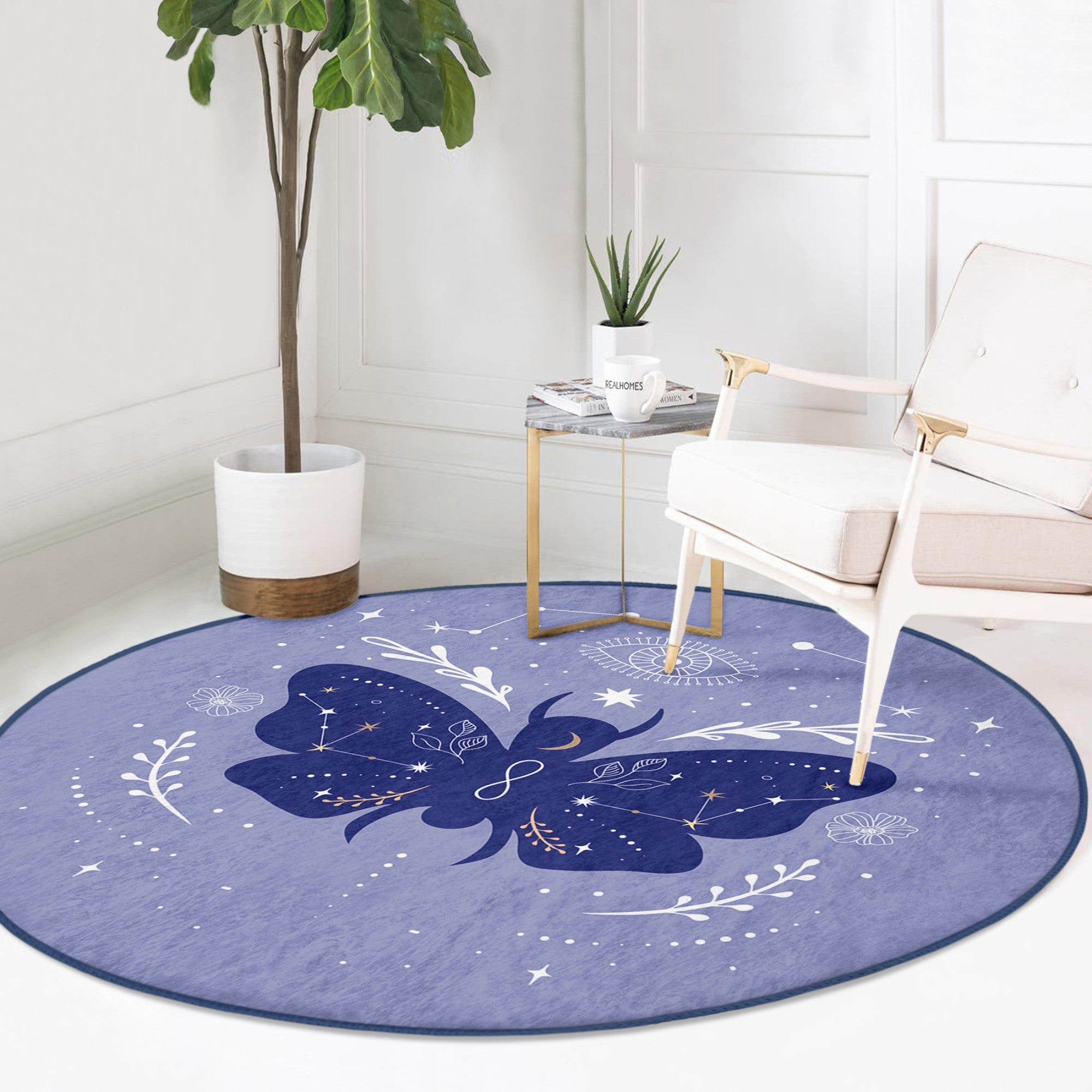 A round rug featuring a vibrant purple butterfly pattern, made of soft velvet fabric, perfect for boho home decor.