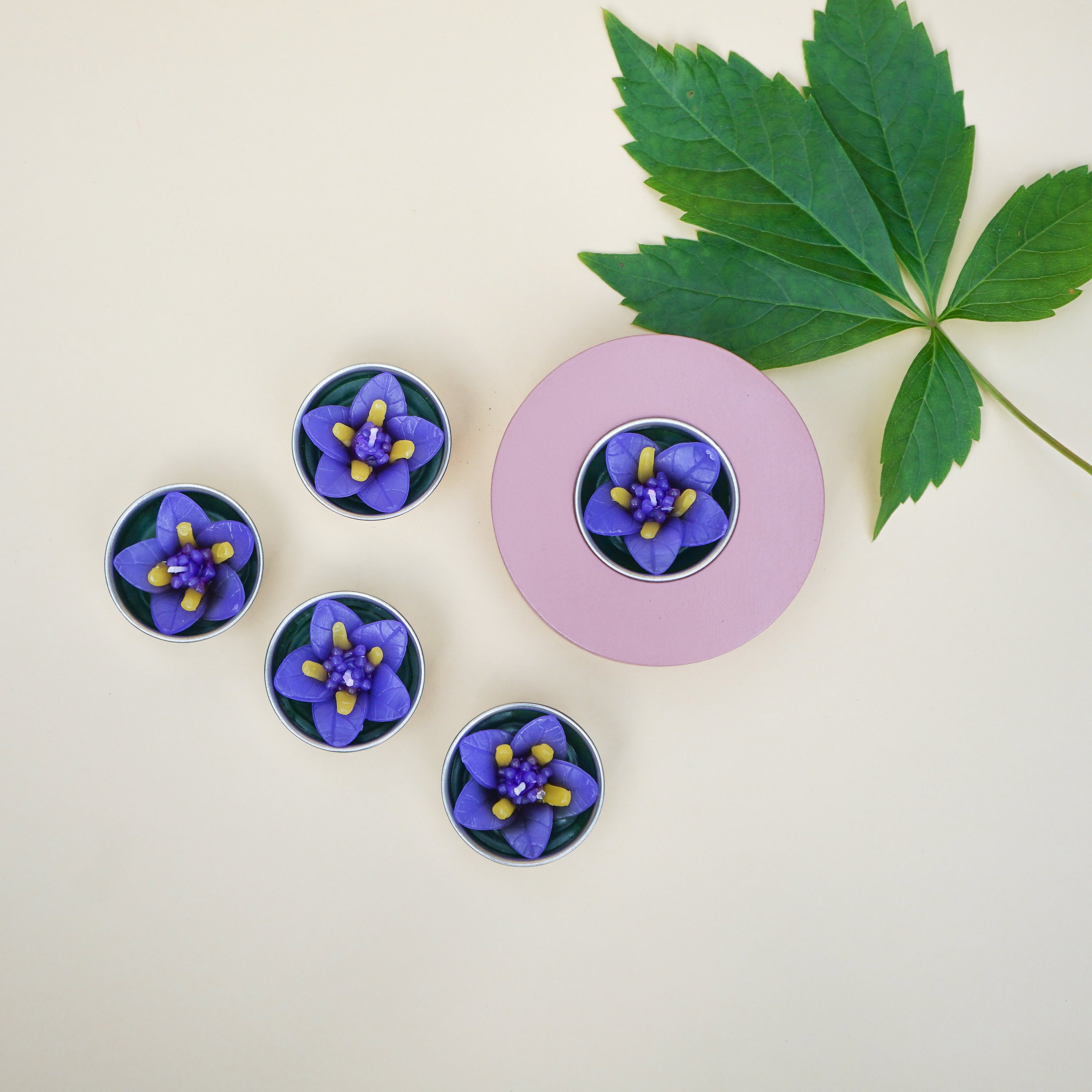 Purple Campanula scented tealights in flower shape, handmade with Indian jasmine fragrance, perfect for tea light holders.