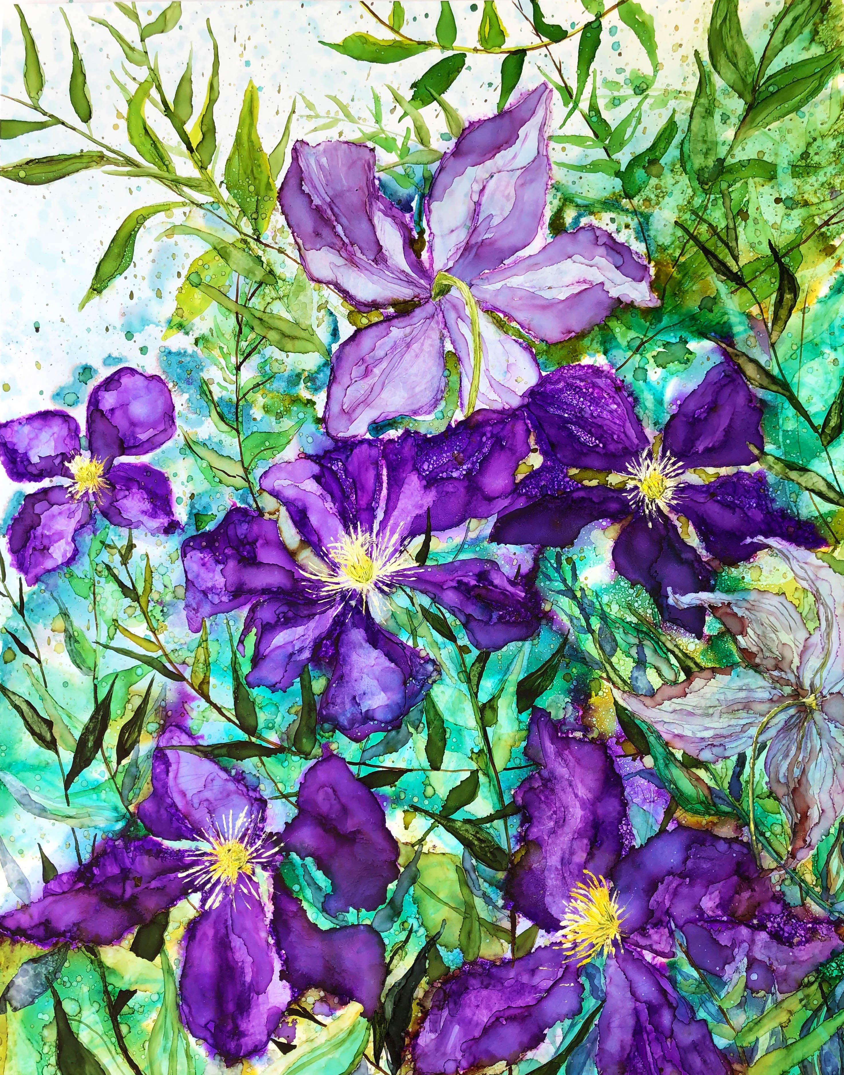 Purple Clematis greeting card featuring vibrant floral design with intricate details, printed on heavyweight matte paper.