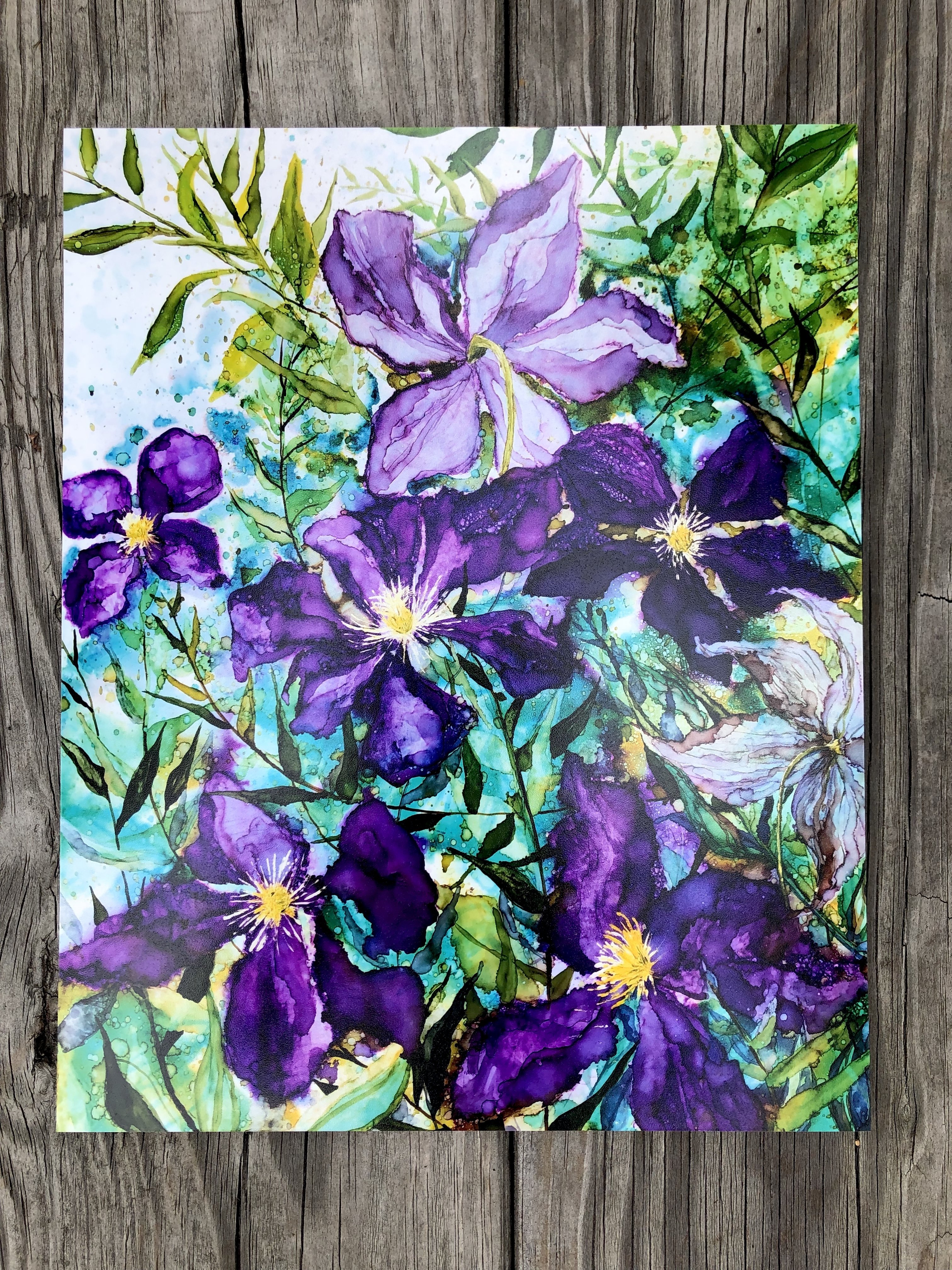 A vibrant purple Clematis flower print showcasing intricate details and rich colors, perfect for home decor.