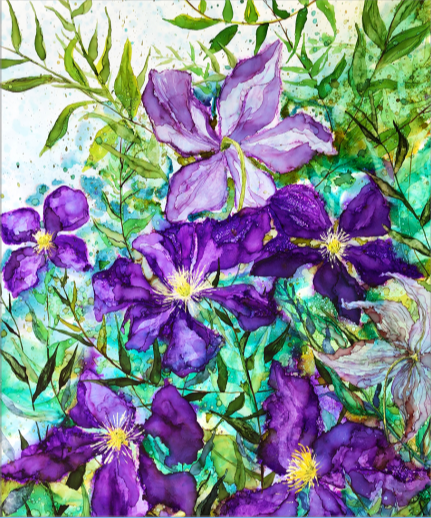 A vibrant purple Clematis flower print showcasing intricate details and rich colors, perfect for home decor.