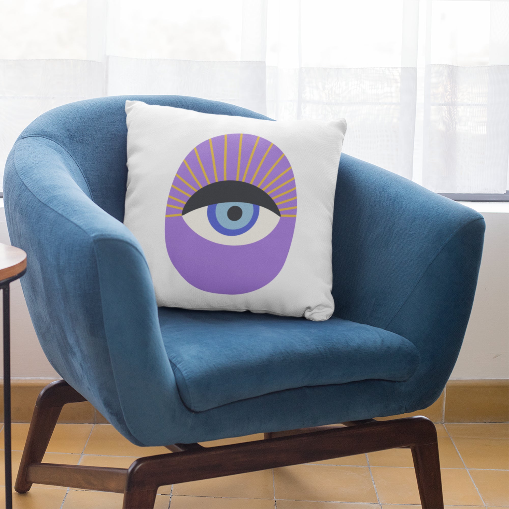 Purple Eye Pattern Cushion Cover featuring a vibrant design, suitable for living room decoration.