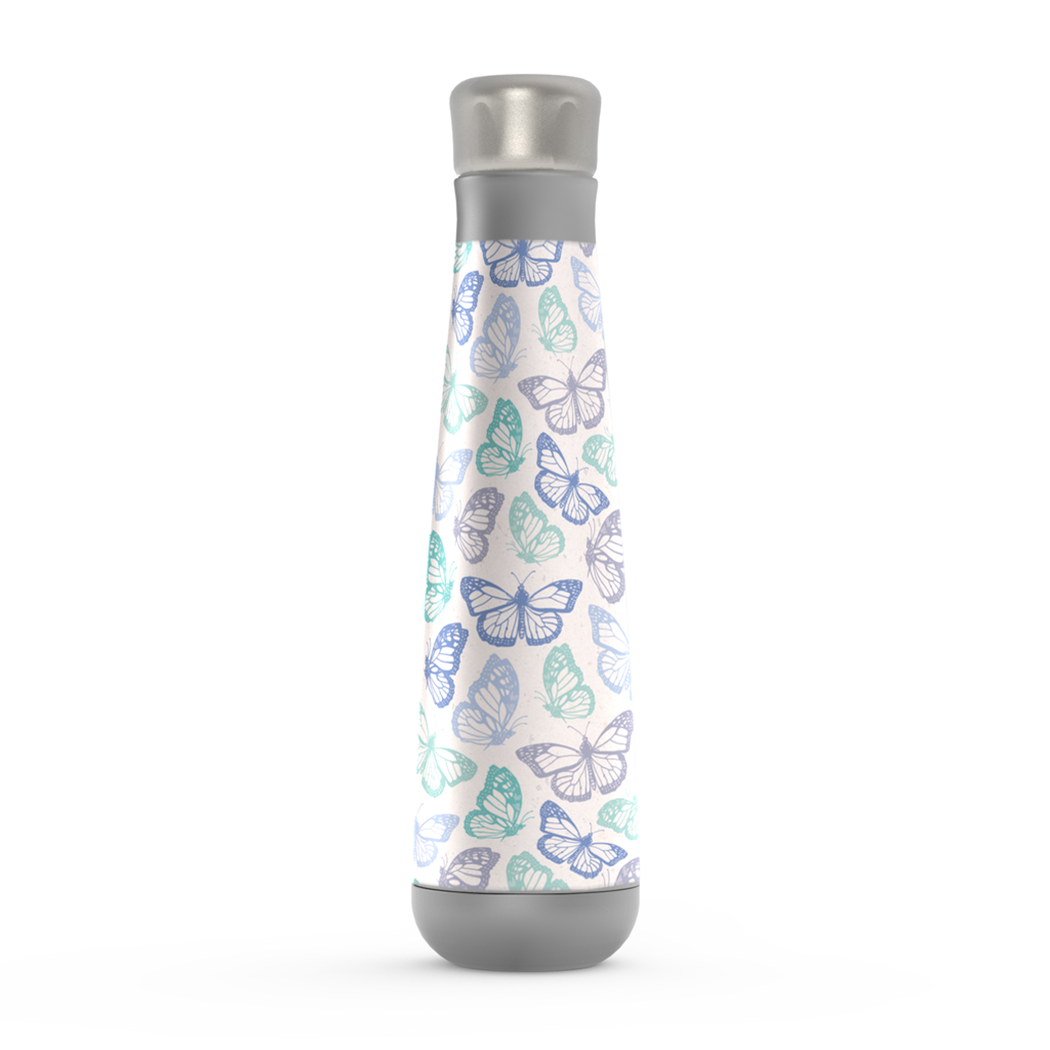 Purple and green butterfly patterned stainless steel water bottle with a screw-on lid, showcasing its stylish design and vacuum insulation.