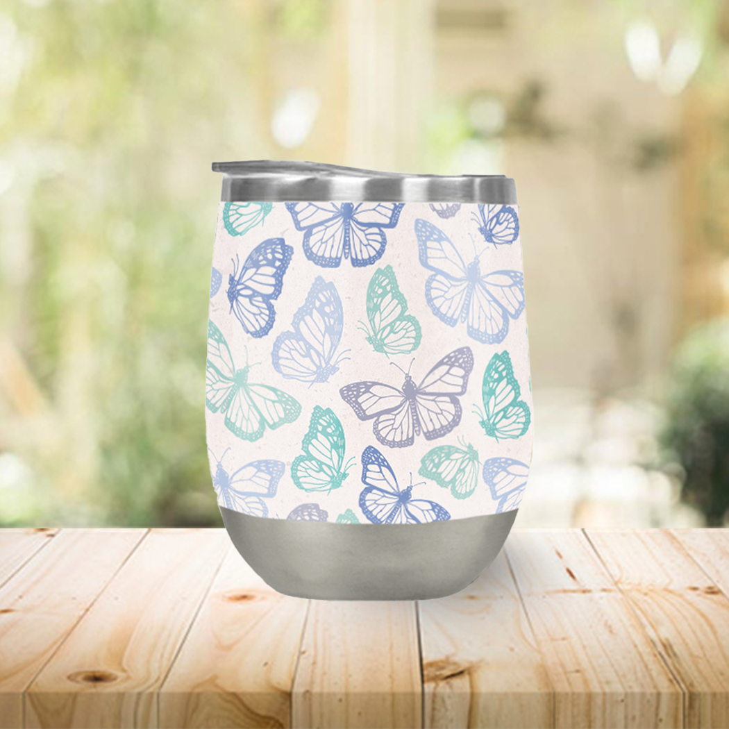 Purple and green butterfly design wine tumbler with double-wall insulation, perfect for outdoor use.