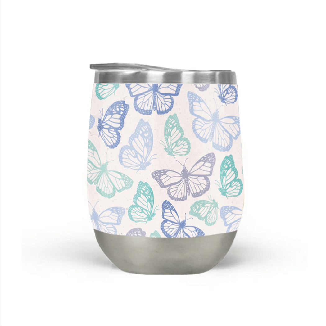 Purple and green butterfly design wine tumbler with double-wall insulation, perfect for outdoor use.