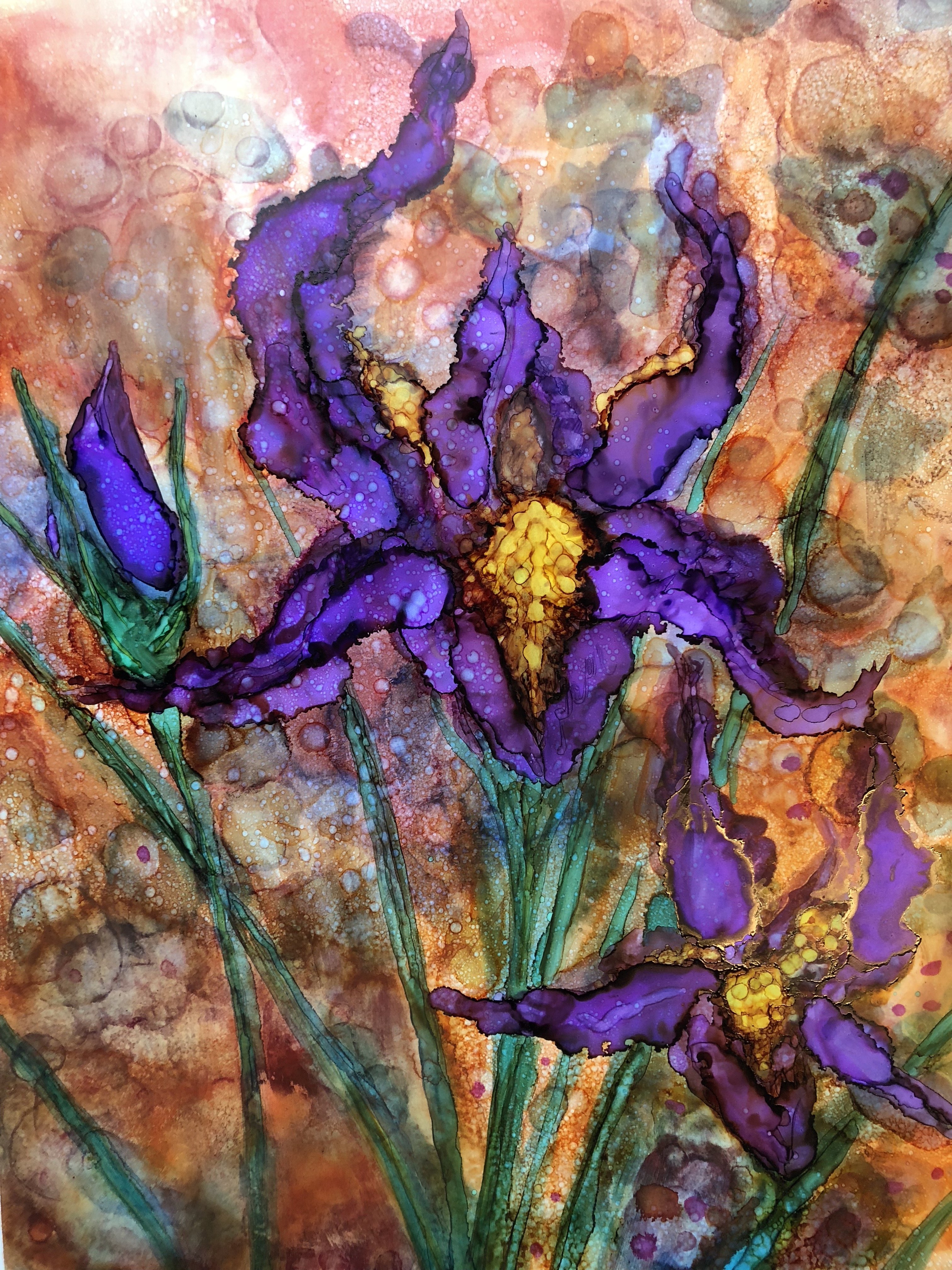 A beautifully designed greeting card featuring vibrant purple irises against a detailed background, showcasing intricate details and soothing colors.