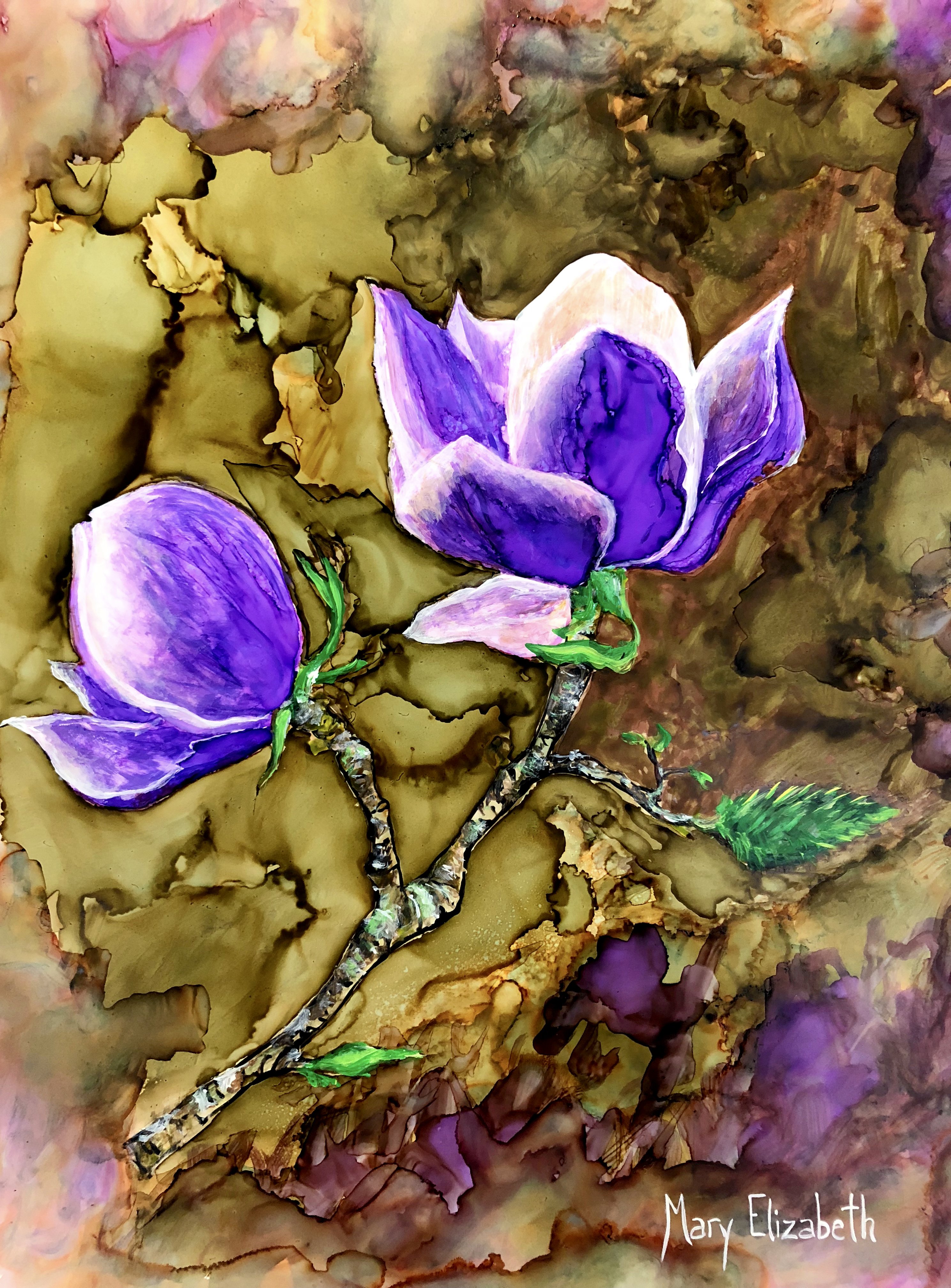 A vibrant purple Magnolia blossom artwork created with alcohol inks and acrylic paints, showcasing intricate details and glossy finish.