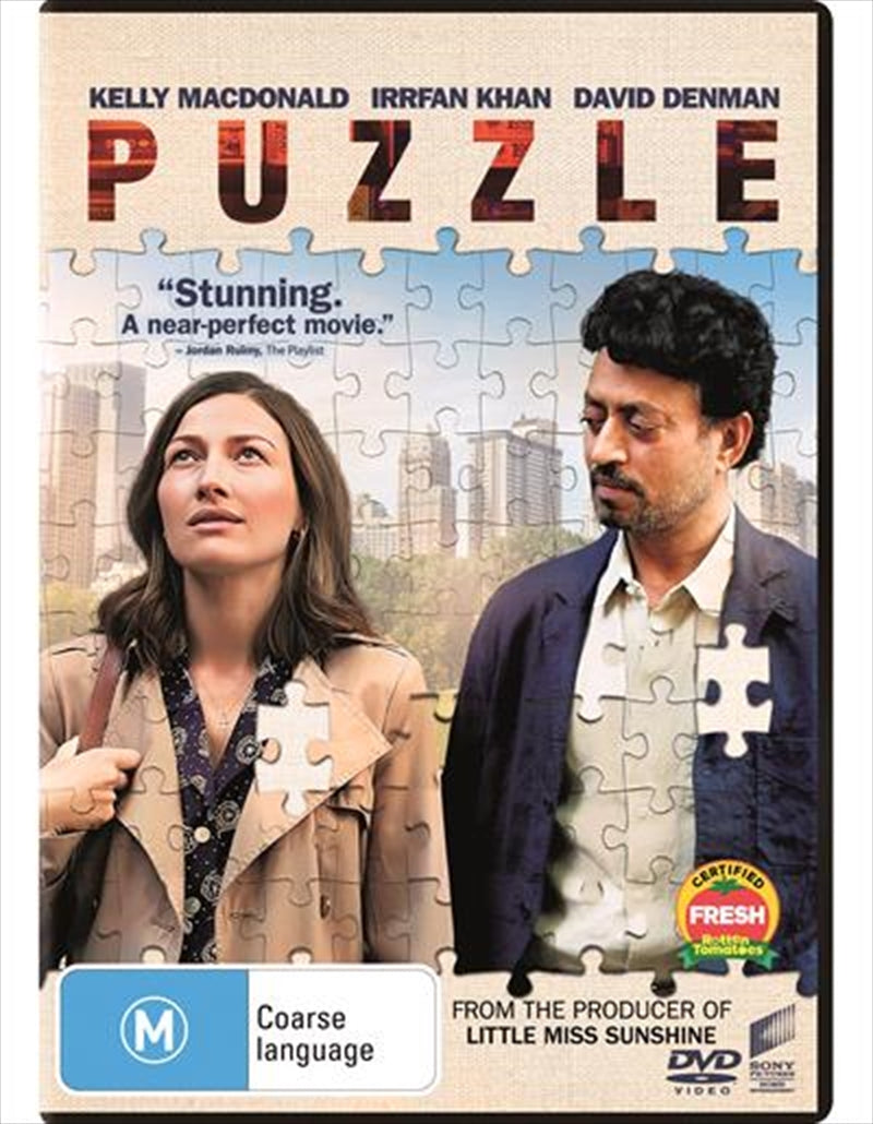 Cover of Puzzle DVD featuring Agnes and Robert, surrounded by colorful jigsaw pieces.