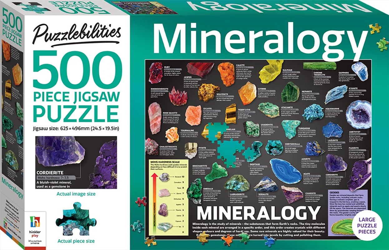 Puzzlebilities Mineralogy Jigsaw featuring various colorful minerals like rose quartz, rubies, pyrite, and emeralds in a 500-piece puzzle.