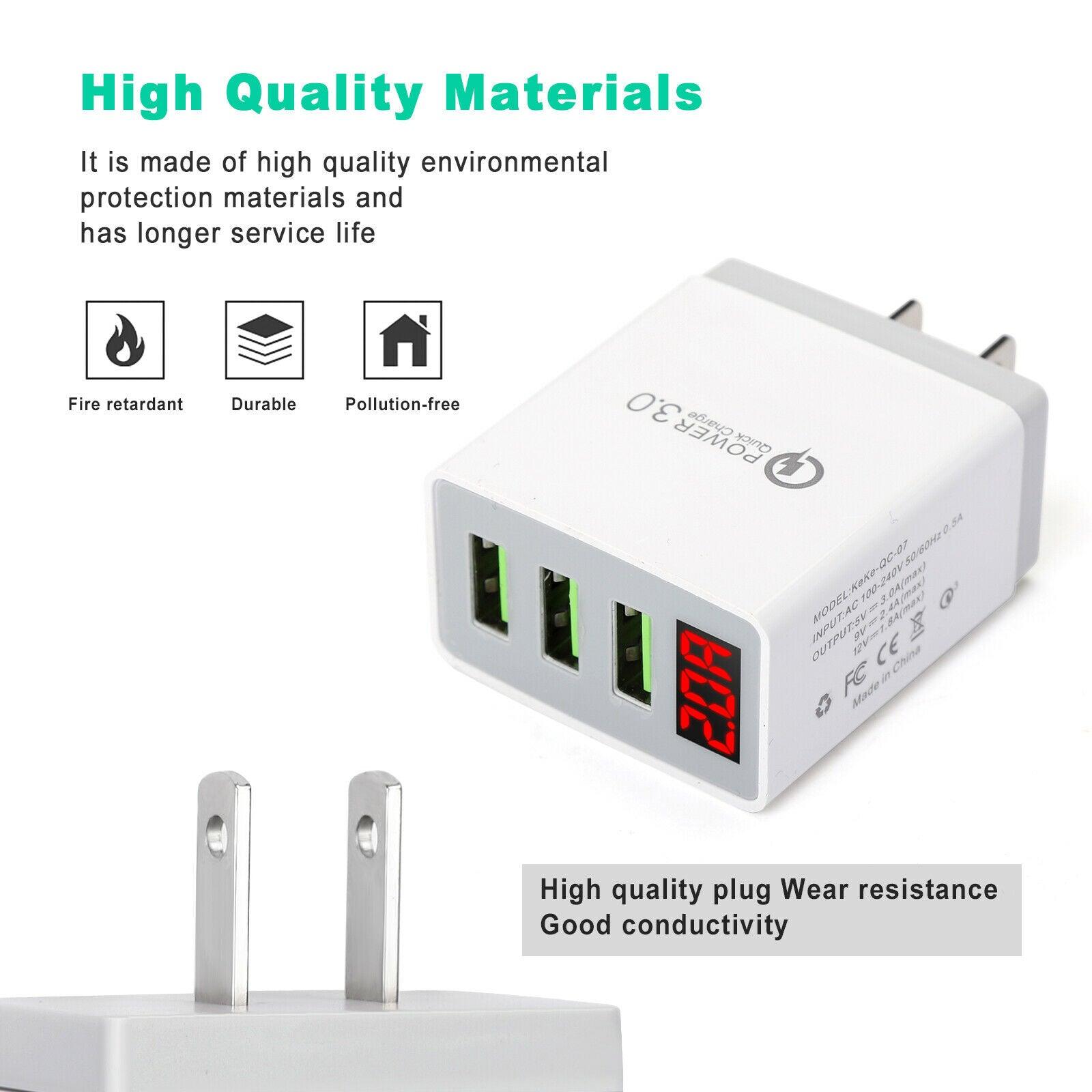 QC3.0 Multi-Port Universal Wall Charger with LED display and 10FT XL charging cable, designed for fast charging multiple devices.