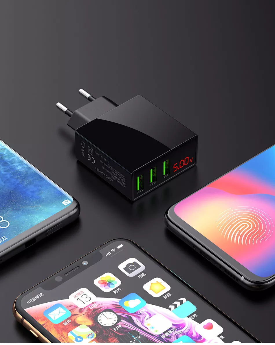 QC3.0 Multi-Port Universal Wall Charger with LED display and 10FT XL charging cable, designed for fast charging multiple devices.