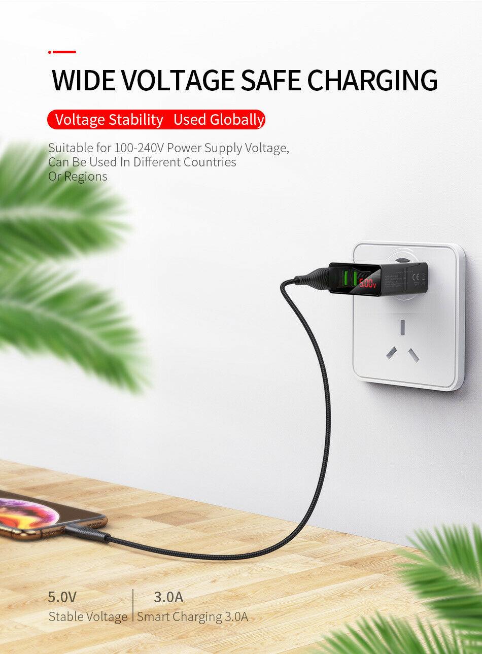 QC3.0 Multi-Port Universal Wall Charger with LED display and 10FT XL charging cable, designed for fast charging multiple devices.