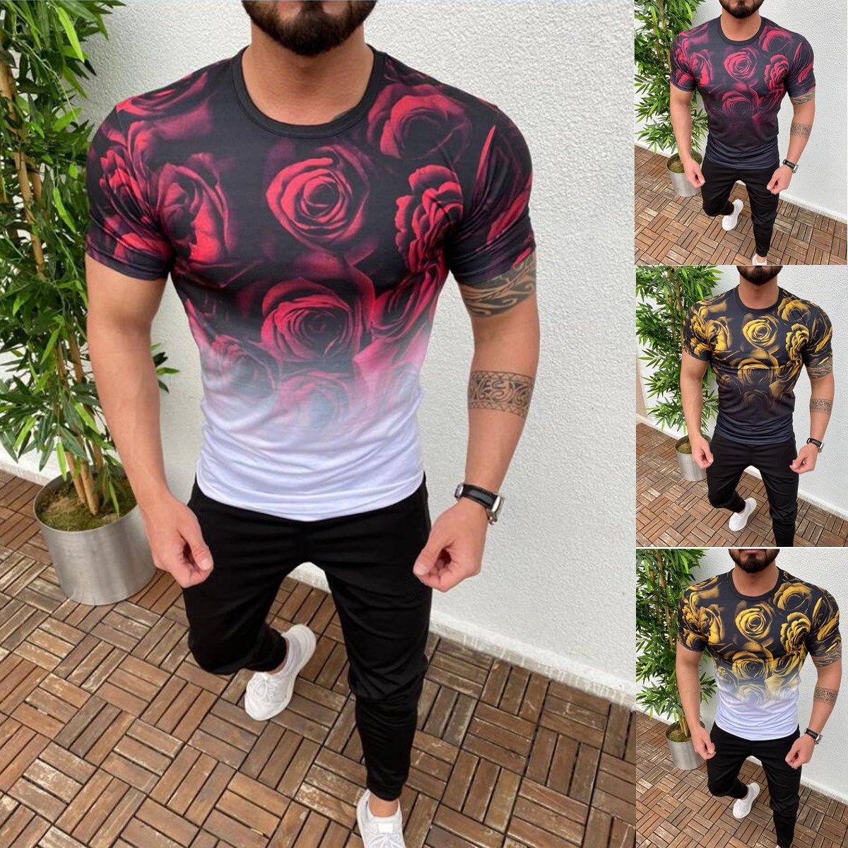 QNPQYX New Summer Gradient High Street Men's T-shirt featuring a floral print and crew neck design.