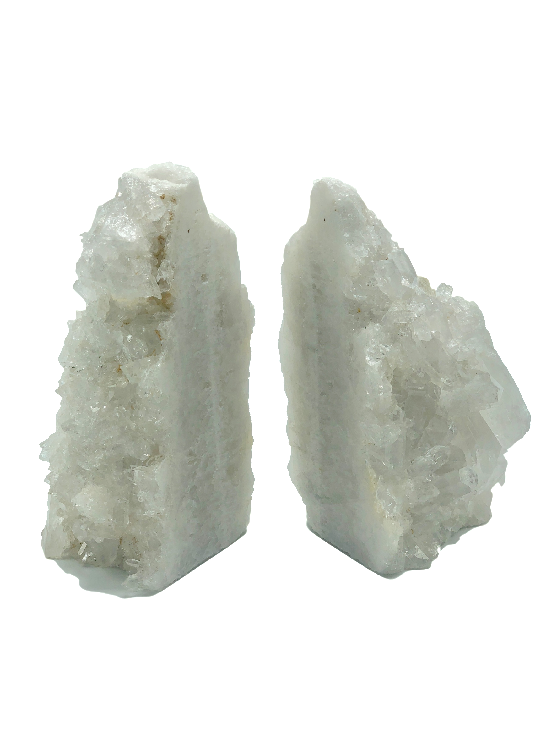 Elegant quartz cluster bookends showcasing rugged Brazilian quartz with clear crystals, perfect for home decor.