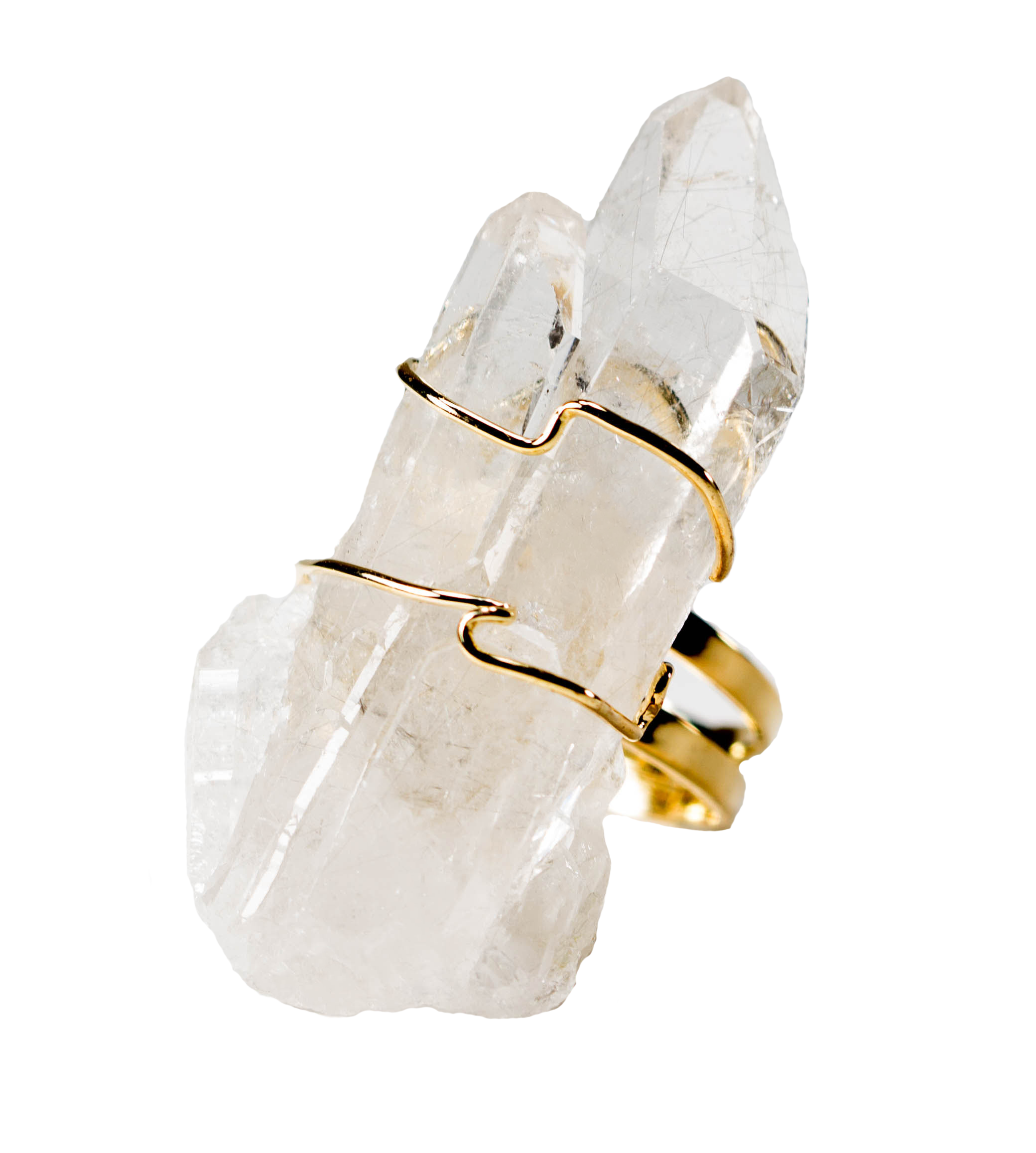 Elegant quartz ring wrapped in gold or silver wire, showcasing clear crystal quartz.