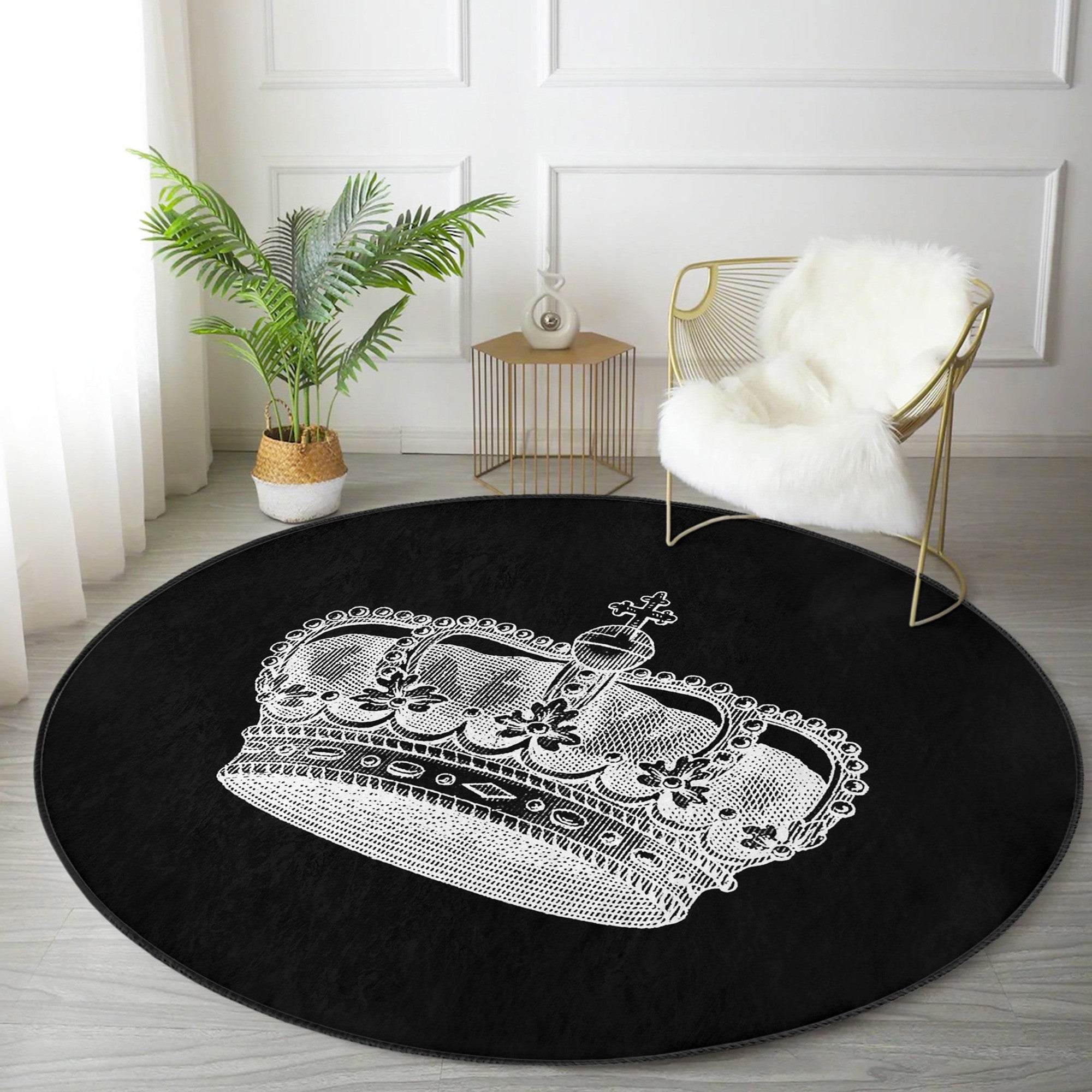 Queen Crown Pattern Black Washable Round Rug featuring a stylish black design, perfect for modern home decor.