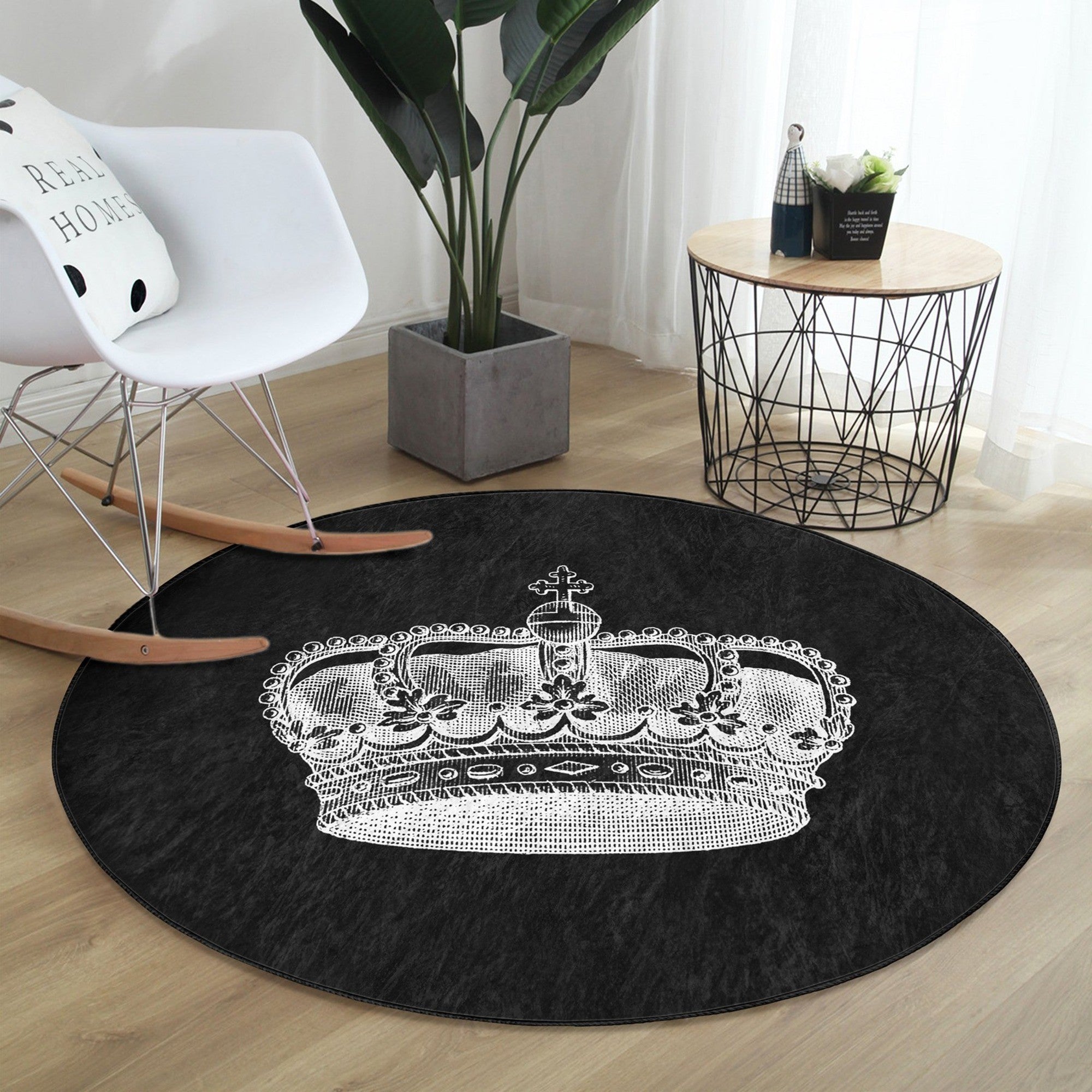 Queen Crown Pattern Black Washable Round Rug featuring a stylish black design, perfect for modern home decor.