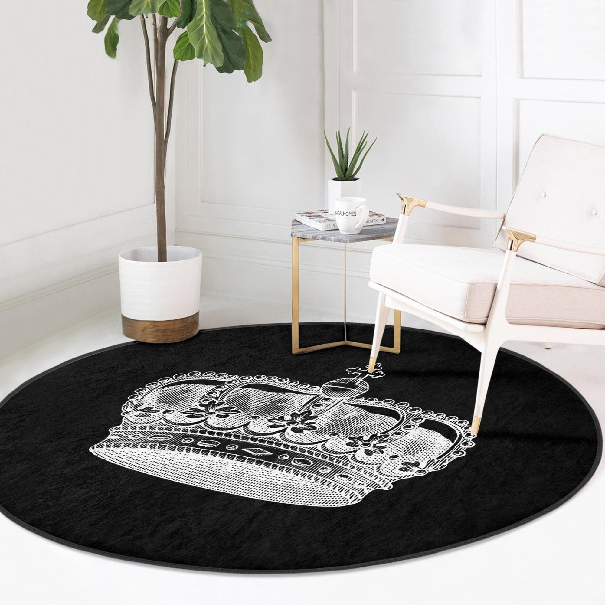 Queen Crown Pattern Black Washable Round Rug featuring a stylish black design, perfect for modern home decor.