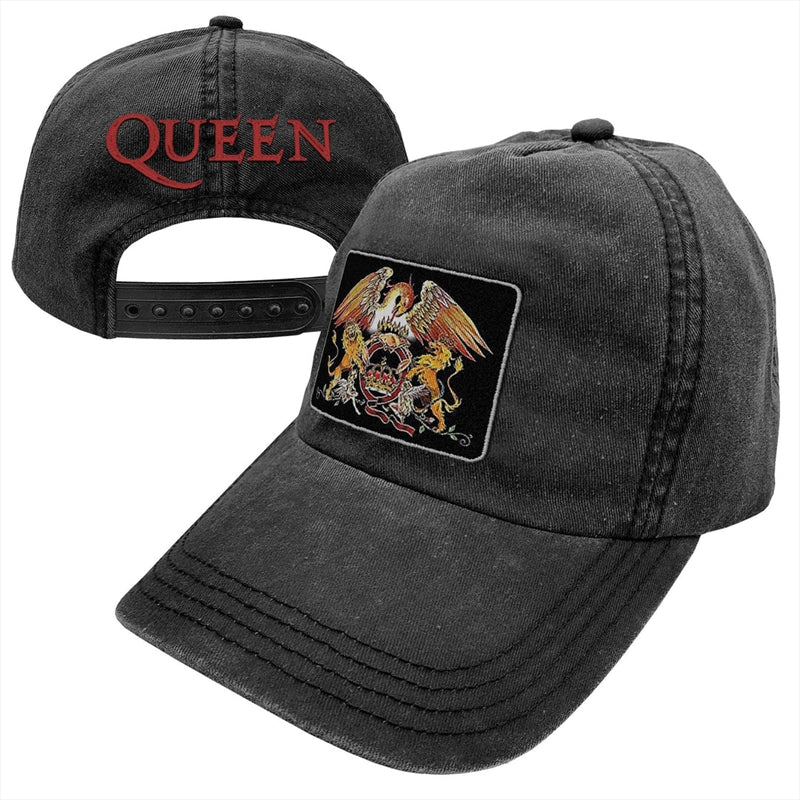 Queen Washed Black Logo Cap featuring an embroidered logo and adjustable strap, perfect for casual wear.