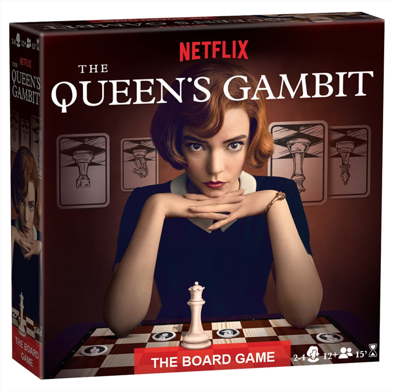 The Queen's Gambit board game featuring Gambit pieces and movement cards, showcasing strategic gameplay inspired by chess.