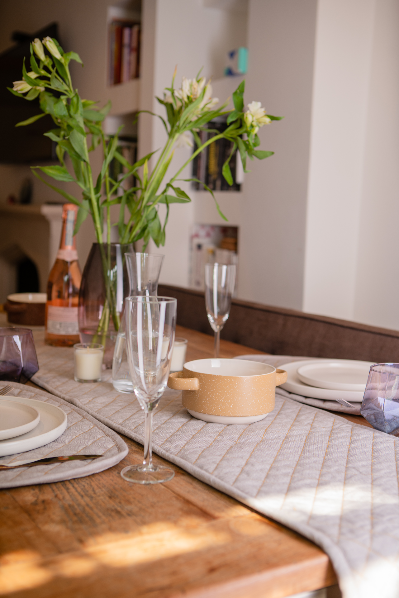 Organic Cotton Quilted Table Runner in luxurious chambray weave, perfect for stylish dining settings.